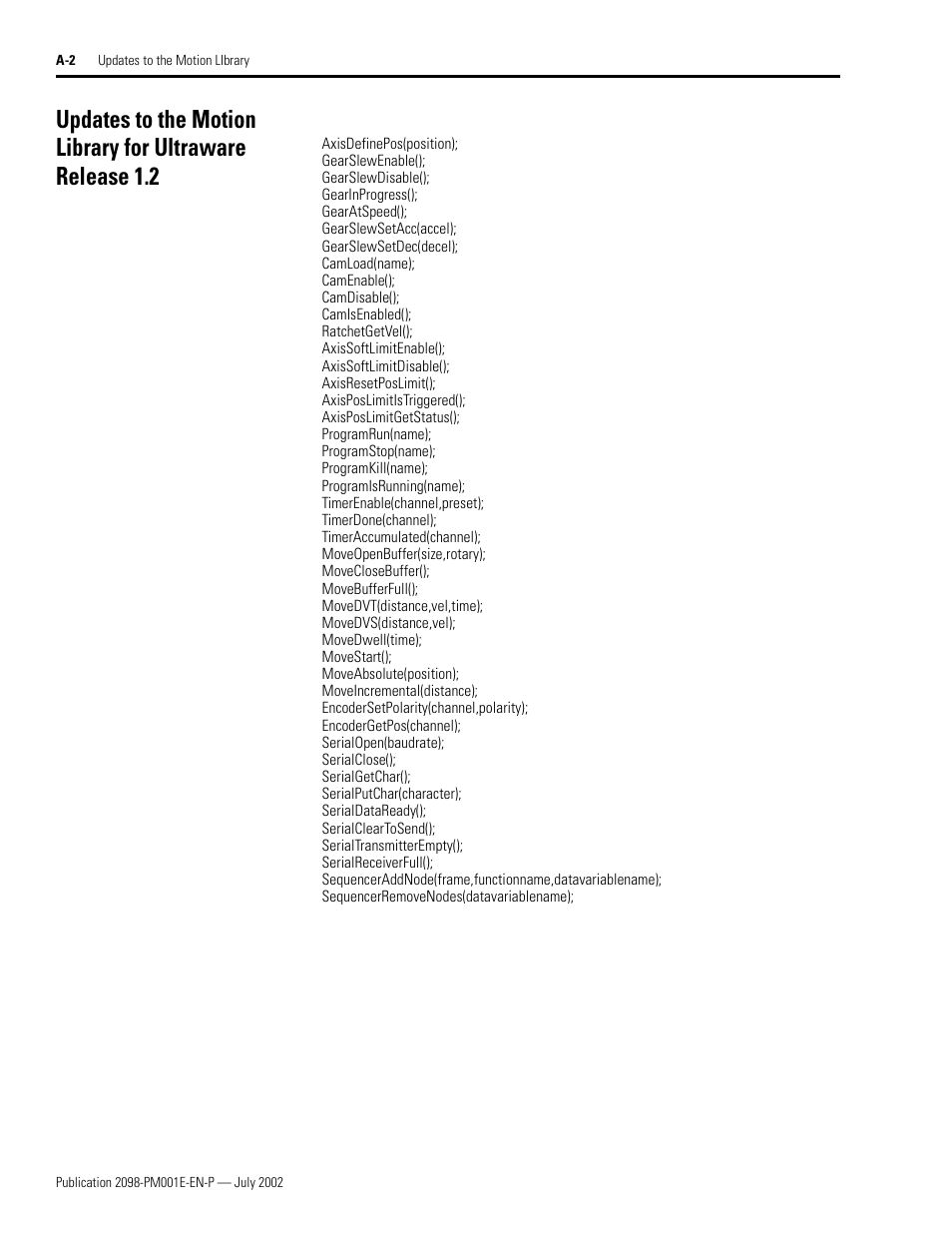 Ultraware release 1.2, New library functions | Rockwell Automation 2098-IPD-xxx Ultra5000 C Programming using the Motion Library User Manual | Page 100 / 114