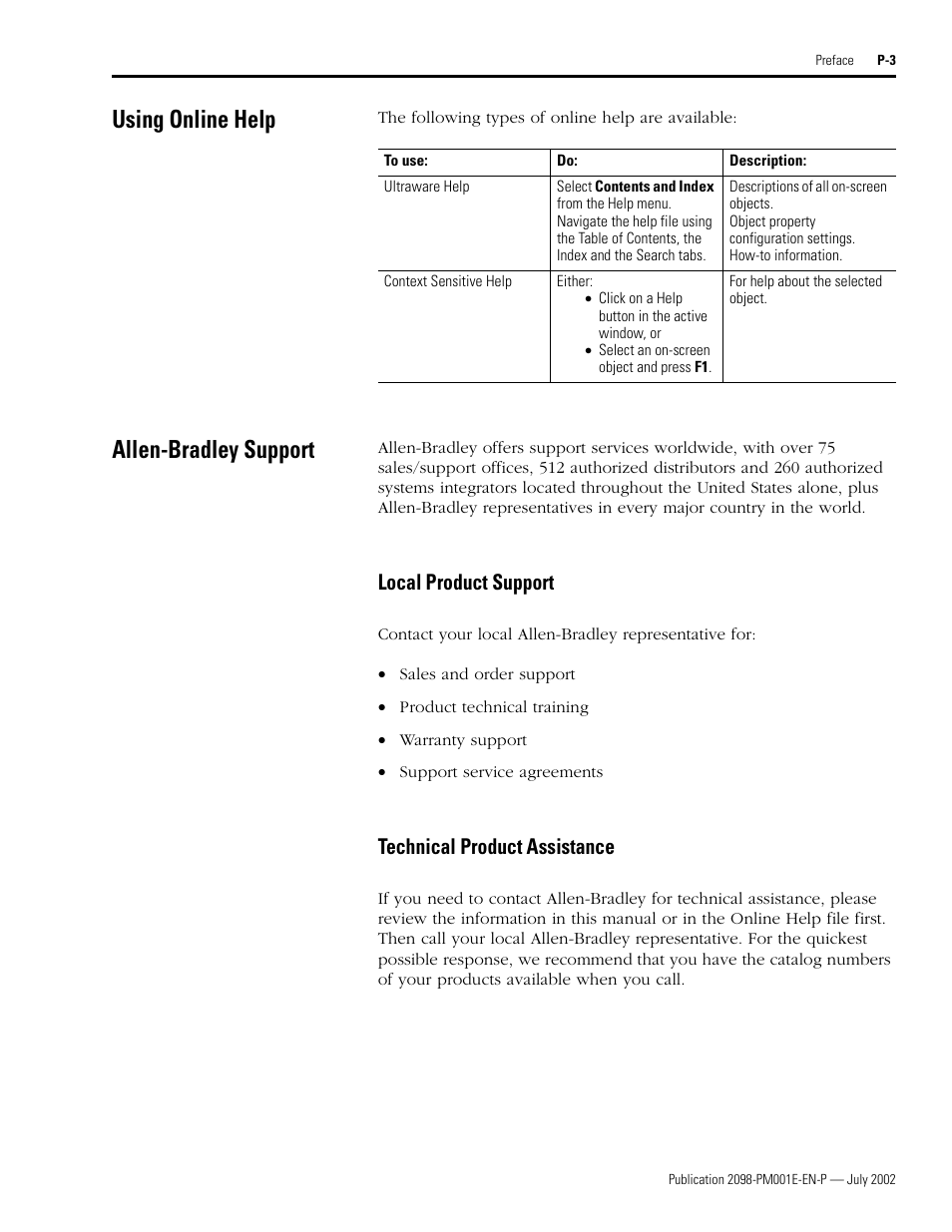 Using online help, Allen-bradley support, Local product support | Technical product assistance | Rockwell Automation 2098-IPD-xxx Ultra5000 C Programming using the Motion Library User Manual | Page 11 / 114