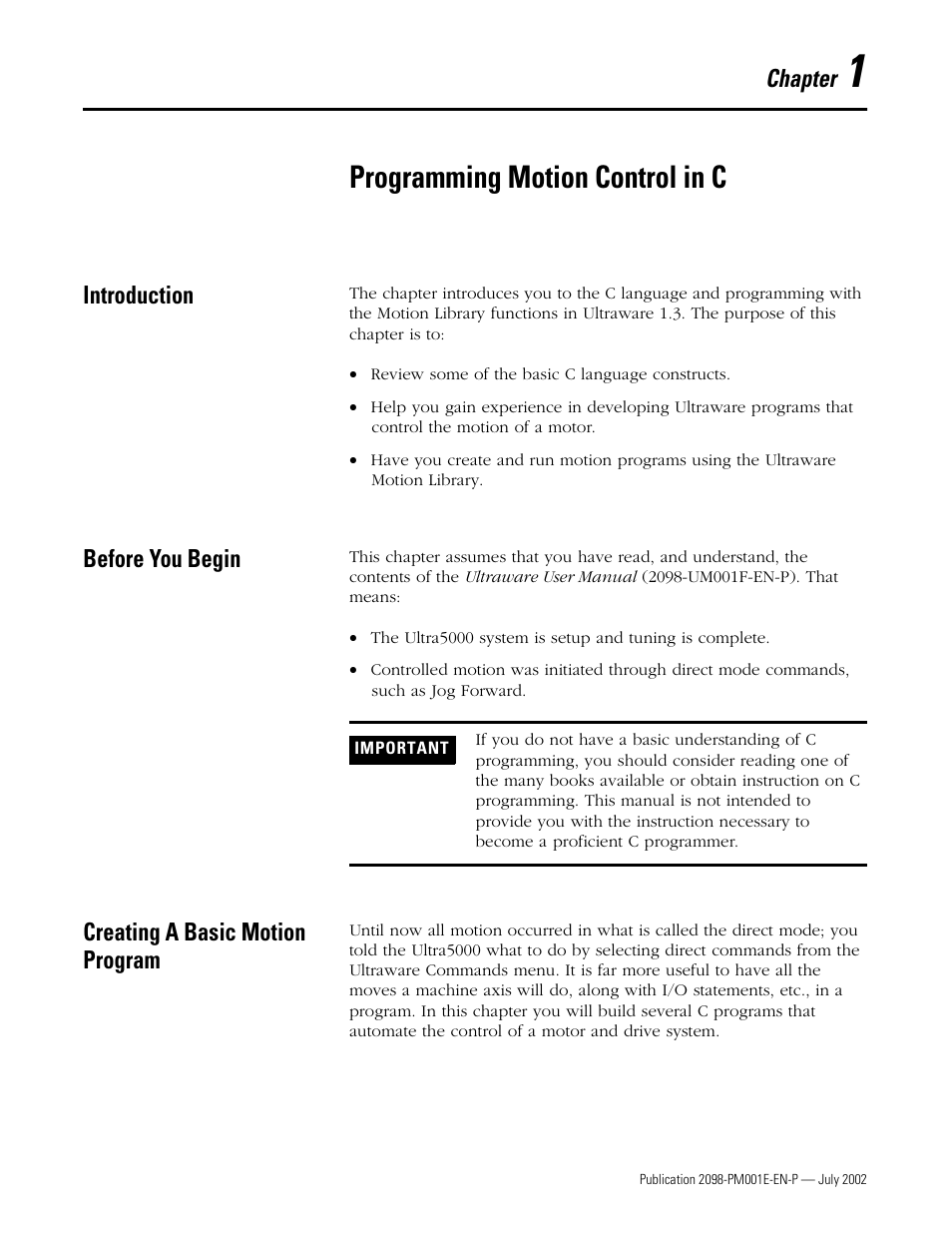 Chapter 1 - programming motion control in c, Introduction, Before you begin | Creating a basic motion program, Chapter 1, Programming motion control in c, Chapter | Rockwell Automation 2098-IPD-xxx Ultra5000 C Programming using the Motion Library User Manual | Page 13 / 114