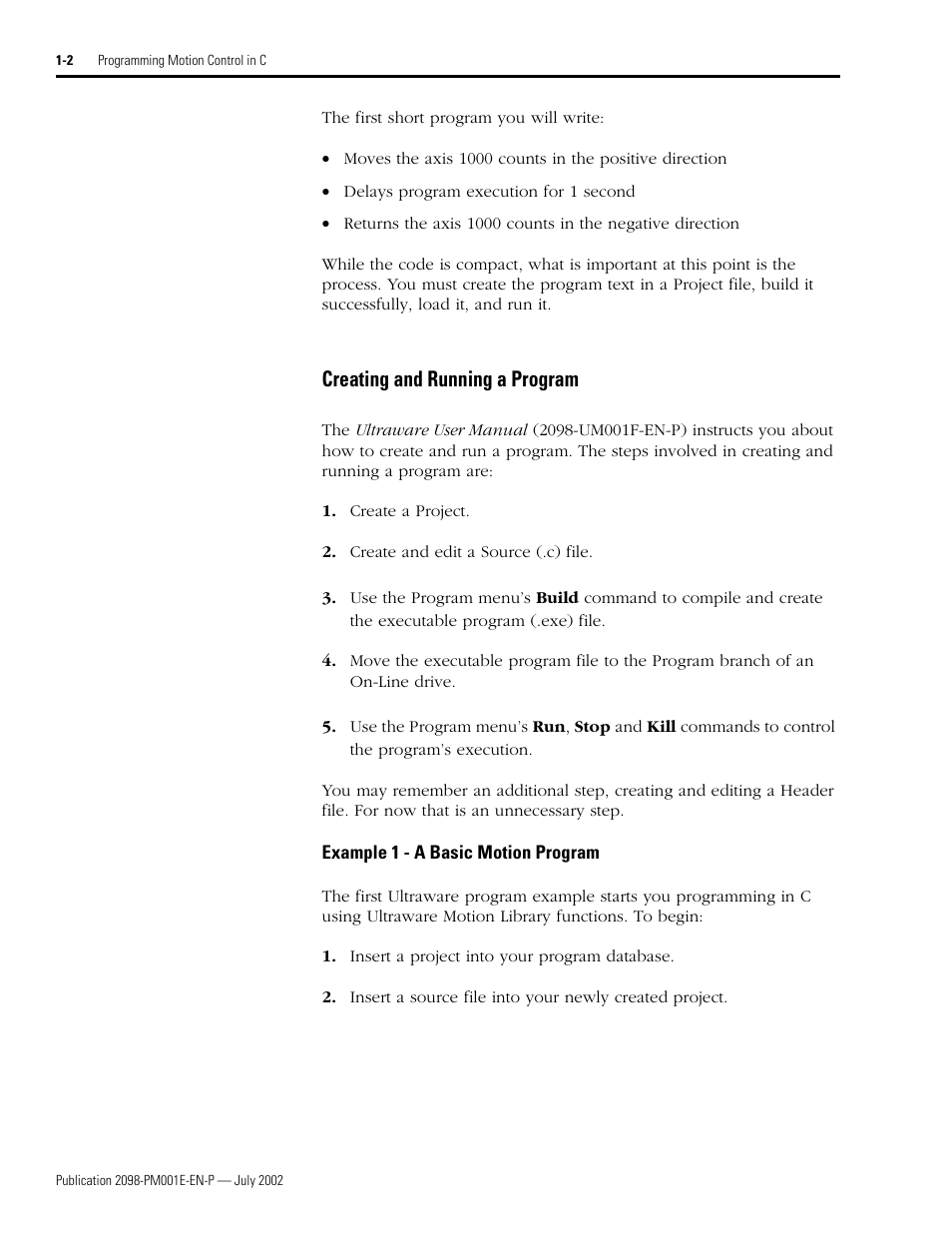 Creating and running a program, Example 1 - a basic motion program, Creating and running a program -2 | Example 1 - a basic motion program -2 | Rockwell Automation 2098-IPD-xxx Ultra5000 C Programming using the Motion Library User Manual | Page 14 / 114