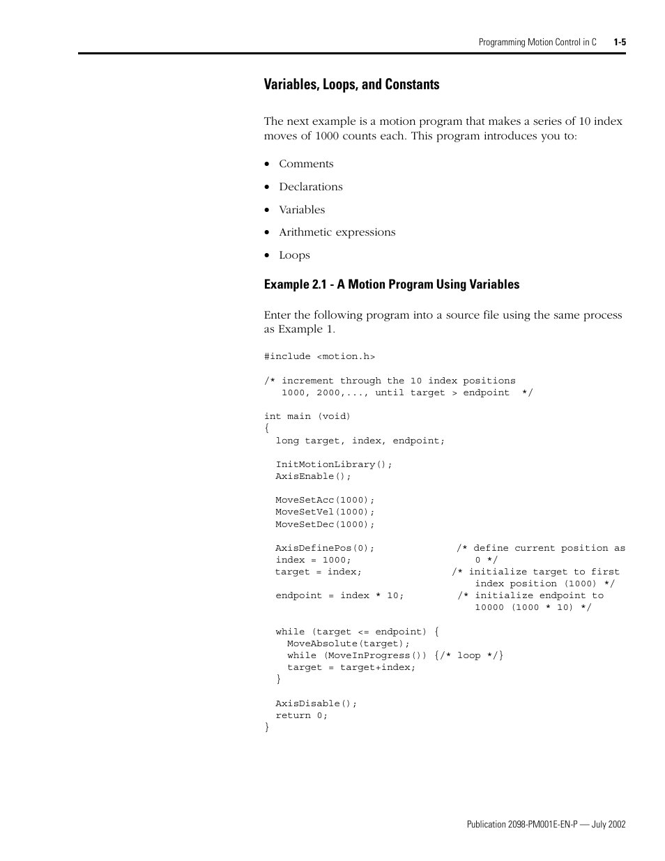 Variables, loops, and constants, Example 2.1 - a motion program using variables, Variables, loops, and constants -5 | Example 2.1 - a motion program using variables -5 | Rockwell Automation 2098-IPD-xxx Ultra5000 C Programming using the Motion Library User Manual | Page 17 / 114