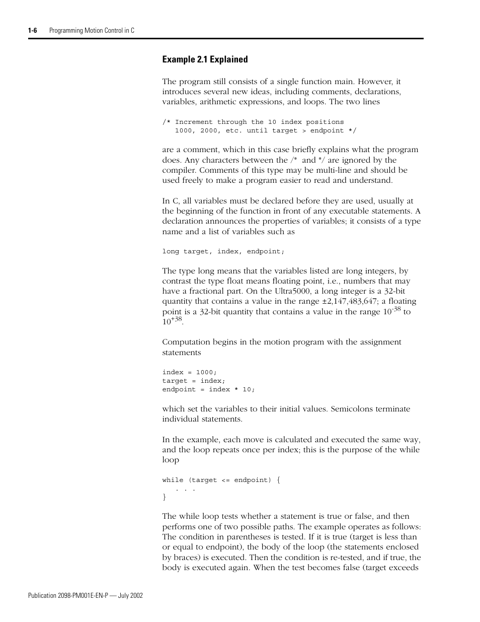 Example 2.1 explained, Example 2.1 explained -6 | Rockwell Automation 2098-IPD-xxx Ultra5000 C Programming using the Motion Library User Manual | Page 18 / 114