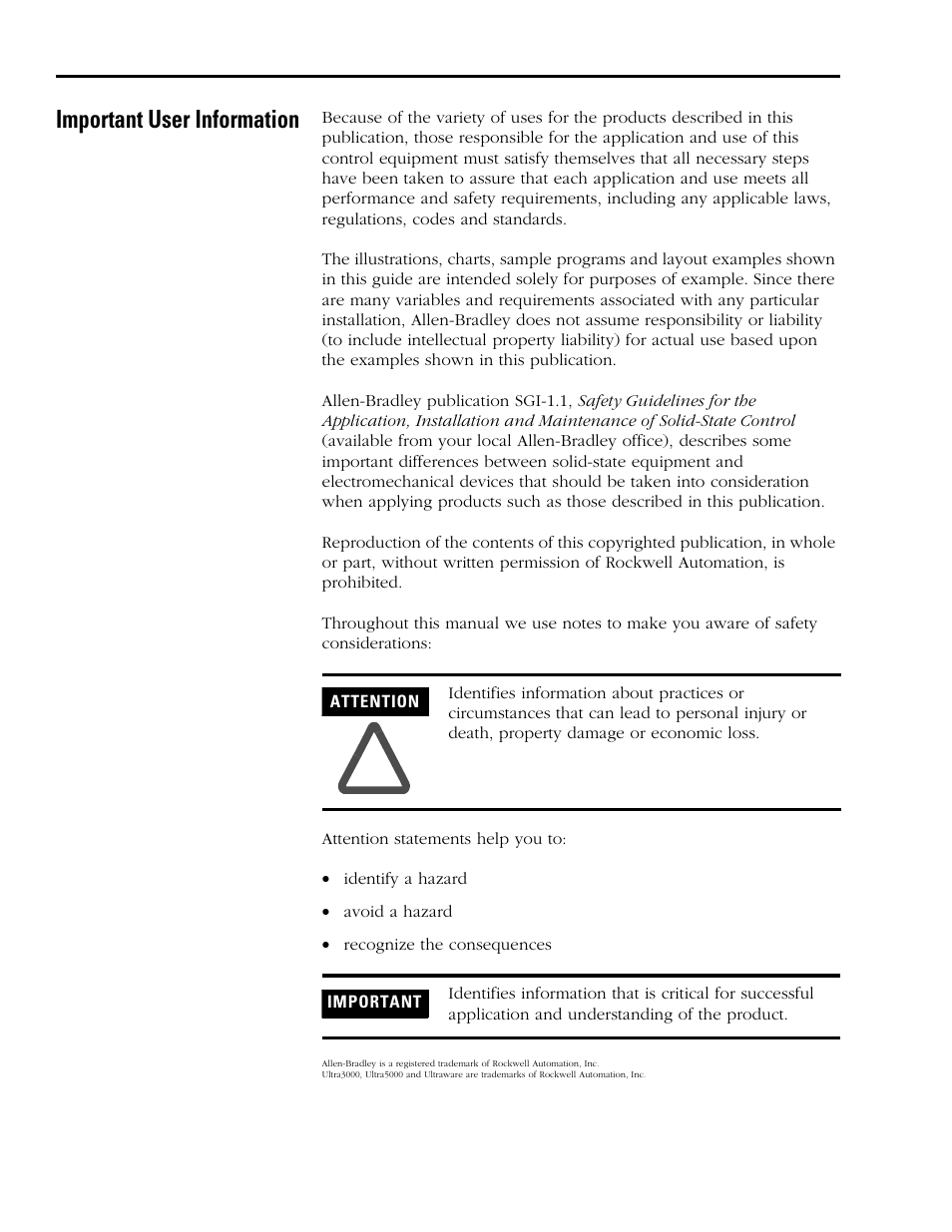 Important user information | Rockwell Automation 2098-IPD-xxx Ultra5000 C Programming using the Motion Library User Manual | Page 2 / 114