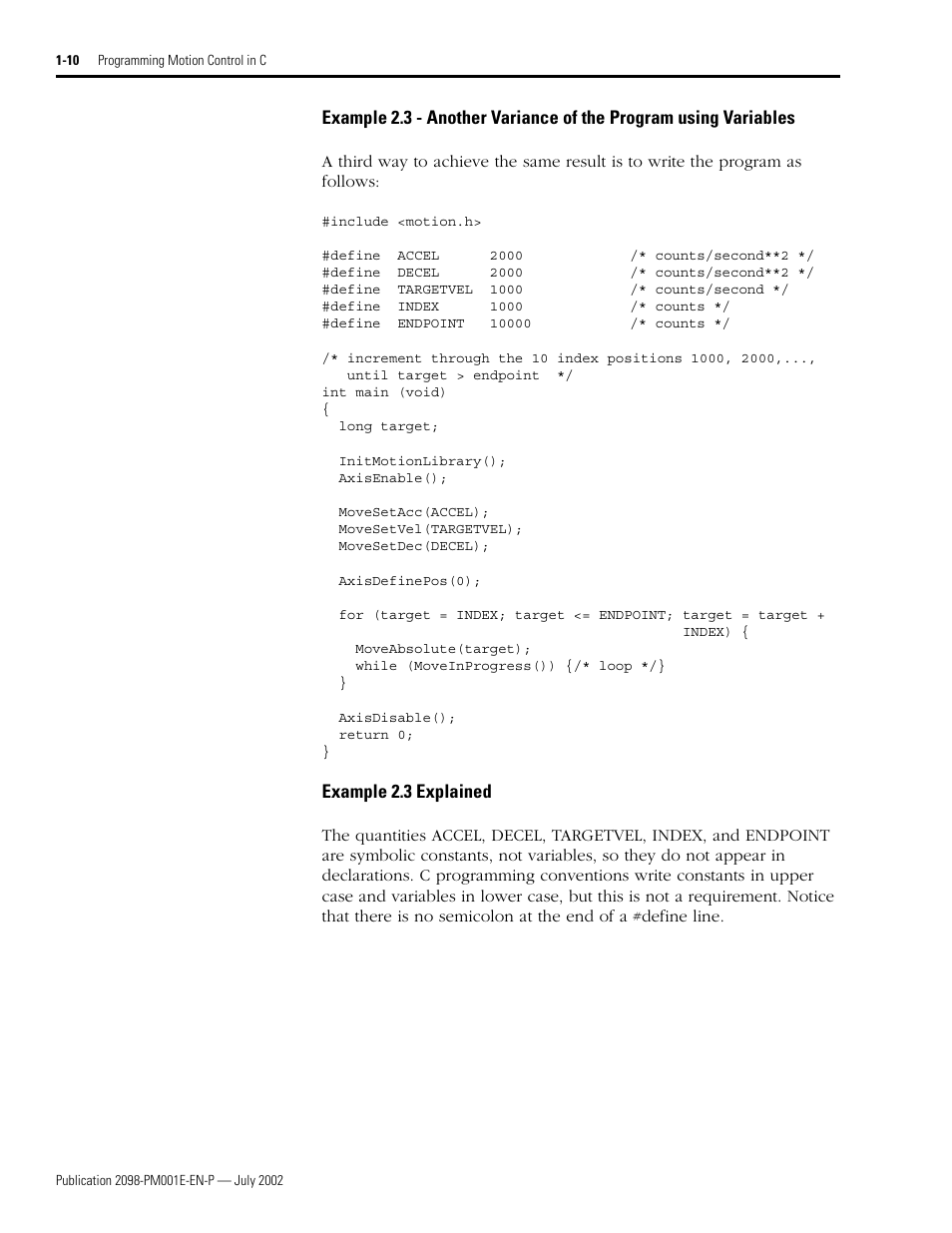 Example 2.3 explained | Rockwell Automation 2098-IPD-xxx Ultra5000 C Programming using the Motion Library User Manual | Page 22 / 114