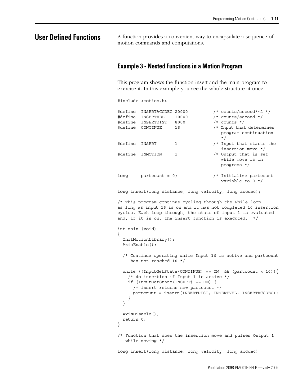 User defined functions, Example 3 - nested functions in a motion program, User defined functions -11 | Rockwell Automation 2098-IPD-xxx Ultra5000 C Programming using the Motion Library User Manual | Page 23 / 114