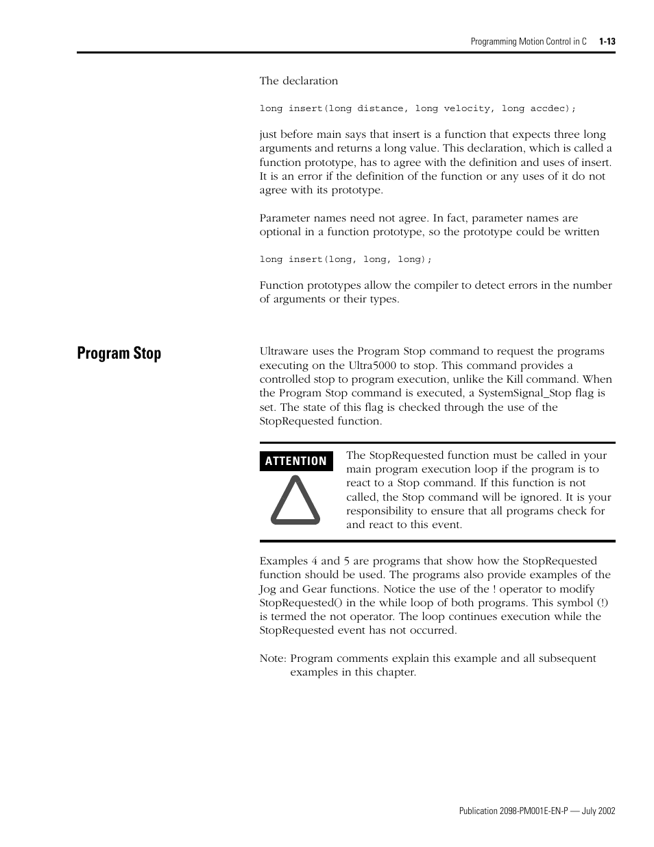 Program stop, Program stop -13 | Rockwell Automation 2098-IPD-xxx Ultra5000 C Programming using the Motion Library User Manual | Page 25 / 114