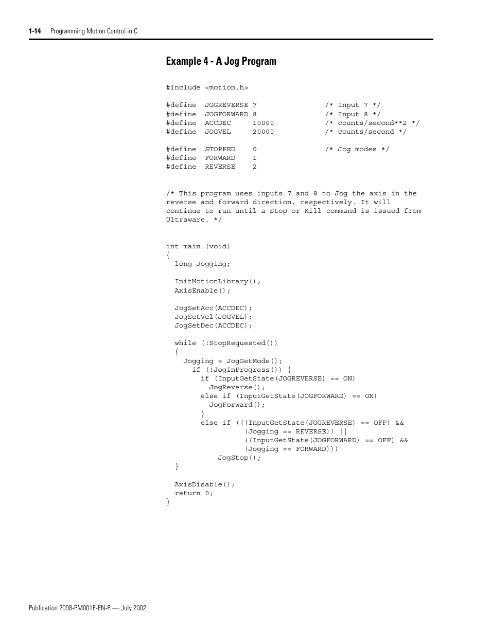 Example 4 - a jog program, Example 4 - a jog program -14 | Rockwell Automation 2098-IPD-xxx Ultra5000 C Programming using the Motion Library User Manual | Page 26 / 114
