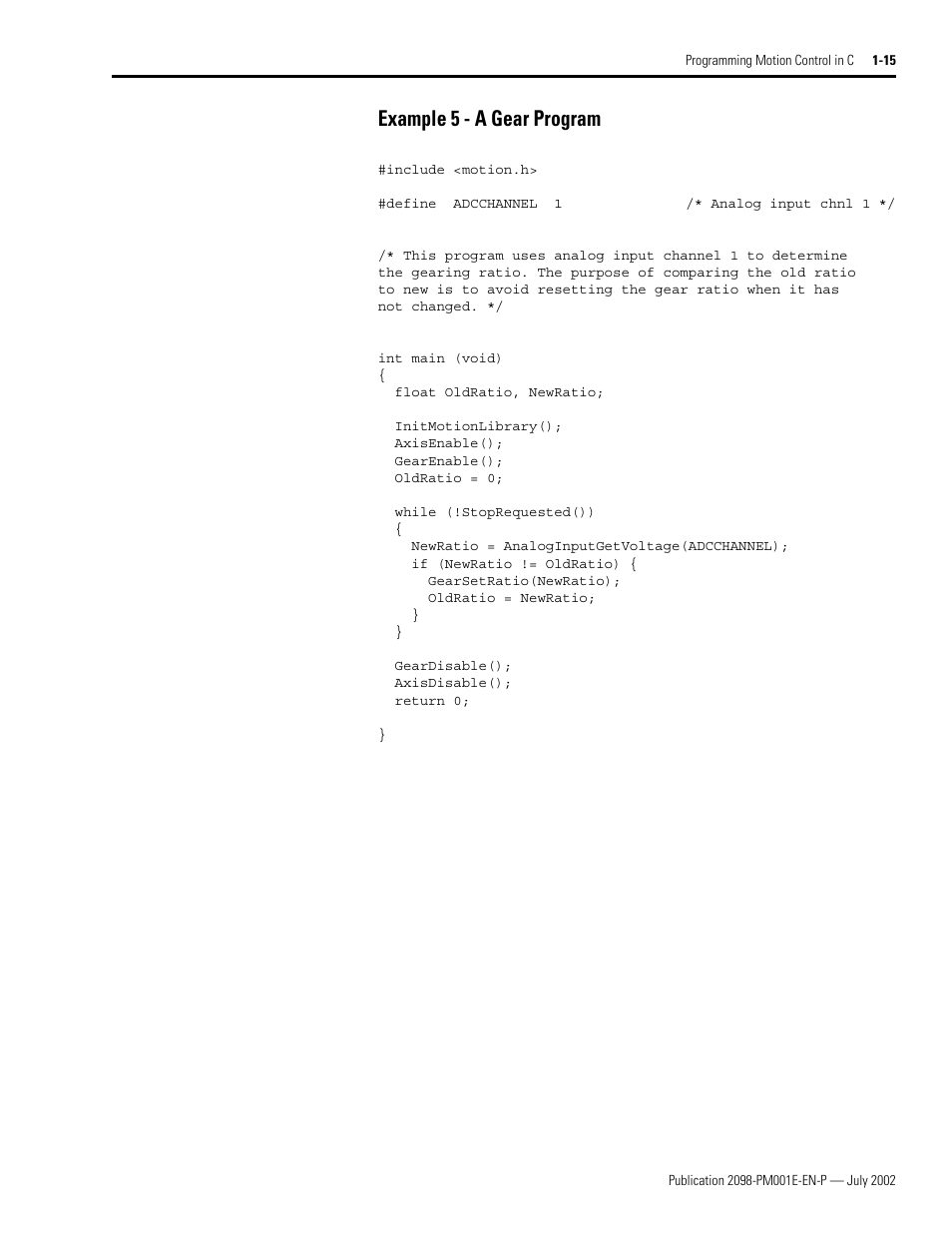 Example 5 - a gear program, Example 5 - a gear program -15 | Rockwell Automation 2098-IPD-xxx Ultra5000 C Programming using the Motion Library User Manual | Page 27 / 114