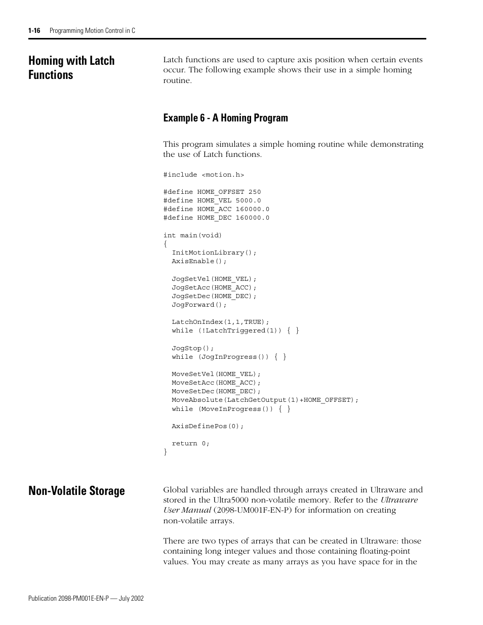 Homing with latch functions, Example 6 - a homing program, Non-volatile storage | Homing with latch functions -16, Example 6 - a homing program -16, Non-volatile storage -16 | Rockwell Automation 2098-IPD-xxx Ultra5000 C Programming using the Motion Library User Manual | Page 28 / 114
