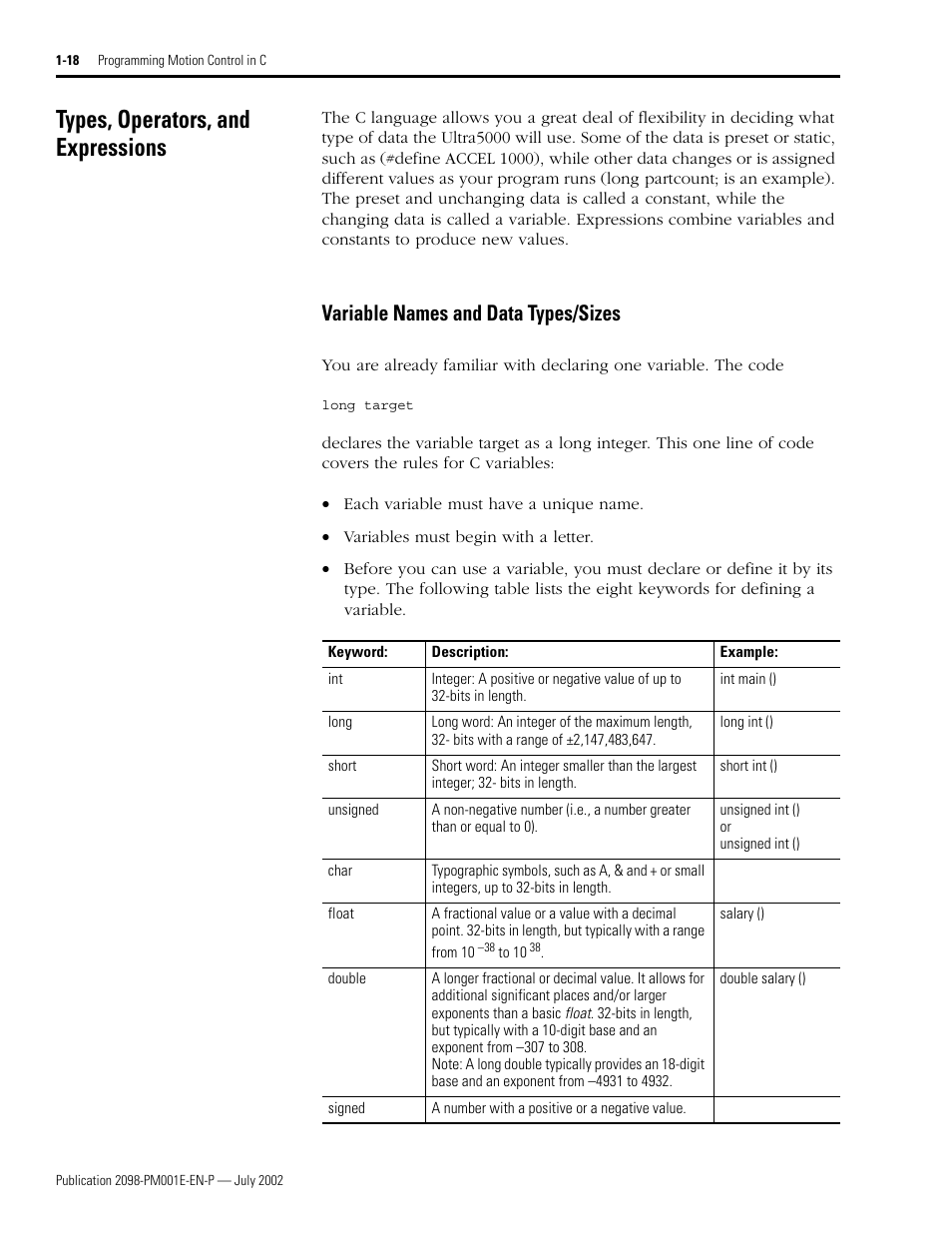 Types, operators, and expressions, Variable names and data types/sizes, Types, operators, and expressions -18 | Variable names and data types/sizes -18 | Rockwell Automation 2098-IPD-xxx Ultra5000 C Programming using the Motion Library User Manual | Page 30 / 114