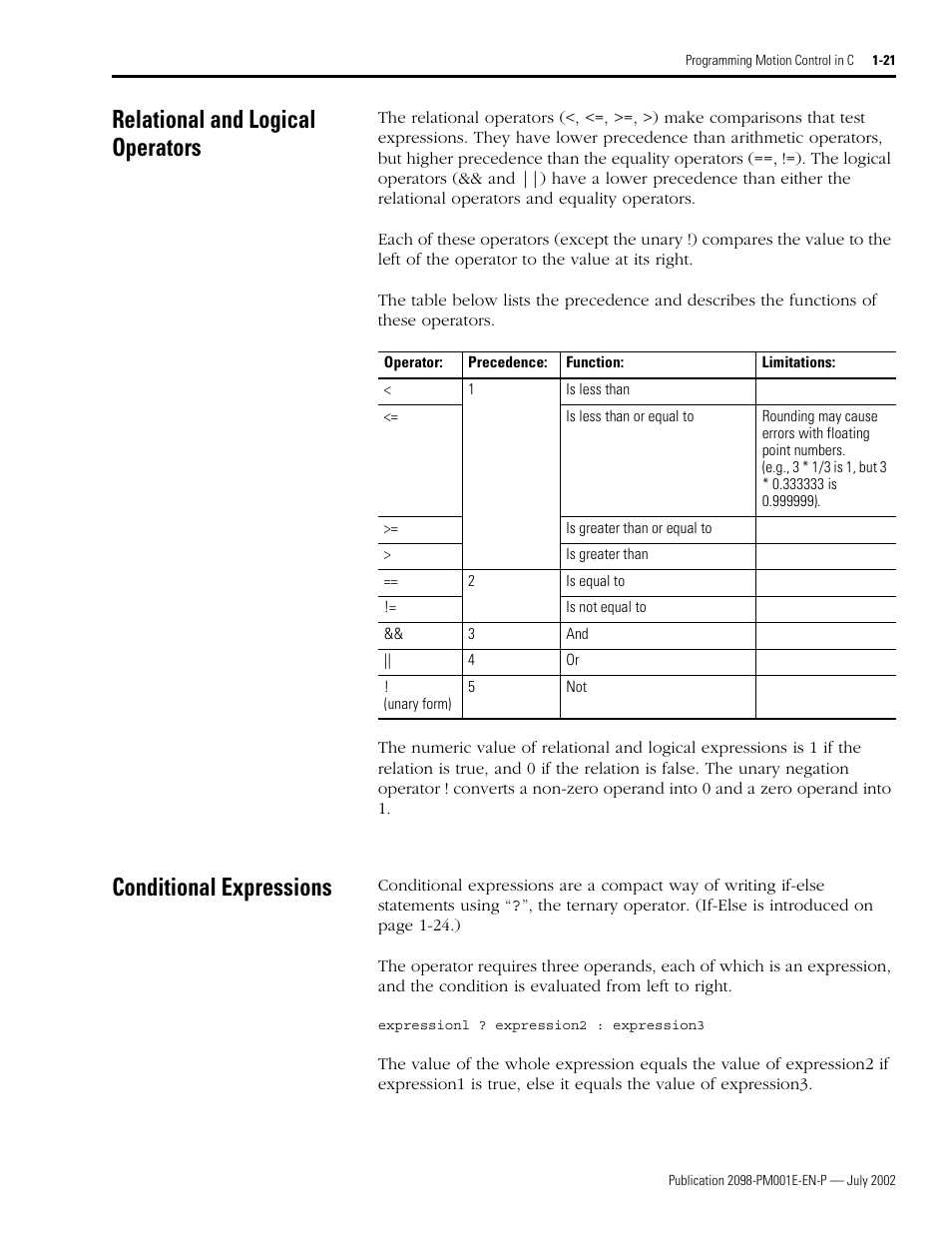 Relational and logical operators, Conditional expressions | Rockwell Automation 2098-IPD-xxx Ultra5000 C Programming using the Motion Library User Manual | Page 33 / 114