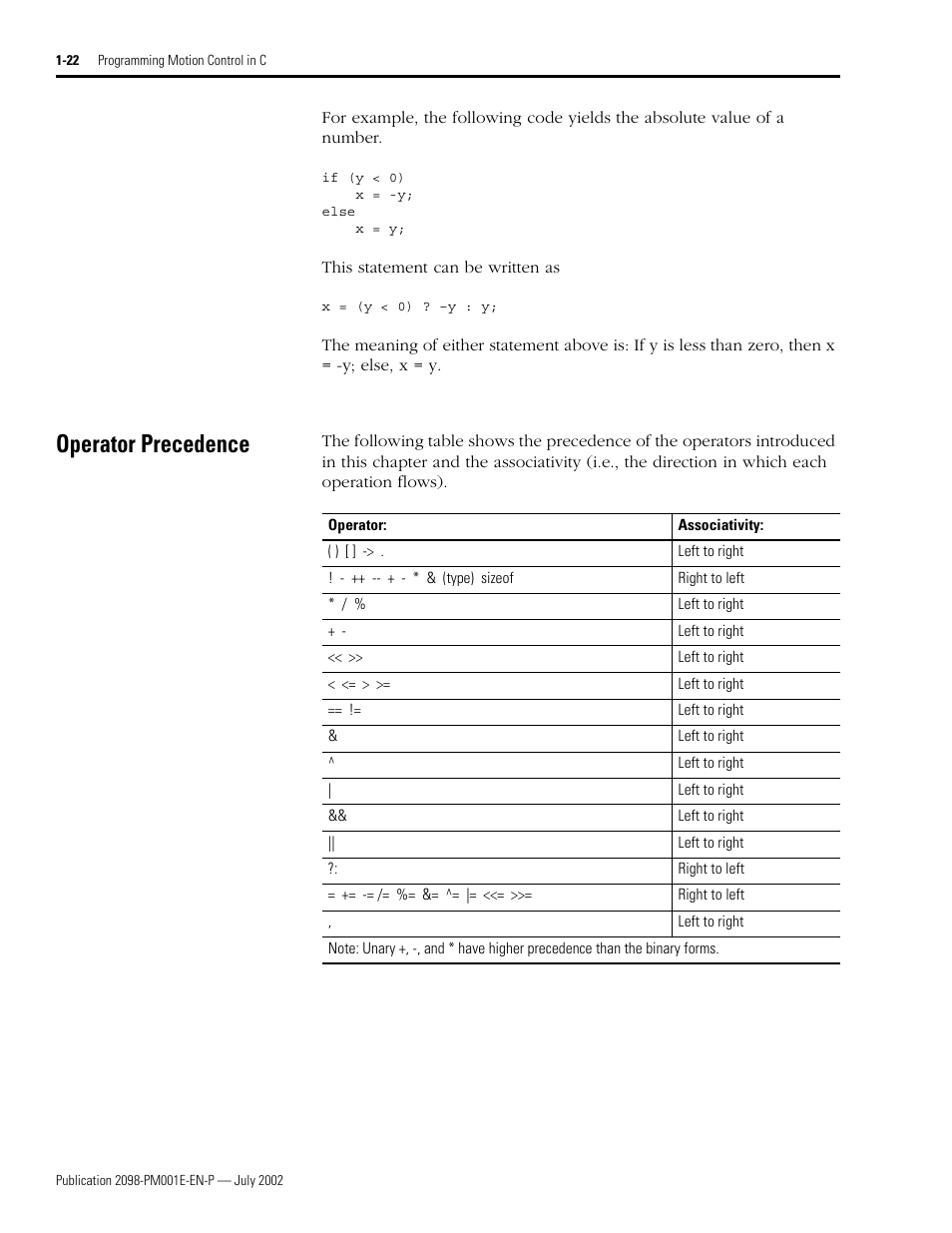 Operator precedence, Operator precedence -22 | Rockwell Automation 2098-IPD-xxx Ultra5000 C Programming using the Motion Library User Manual | Page 34 / 114