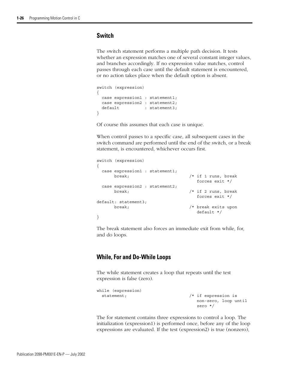 Switch, While, for and do-while loops, Switch -26 while, for and do-while loops -26 | Rockwell Automation 2098-IPD-xxx Ultra5000 C Programming using the Motion Library User Manual | Page 38 / 114