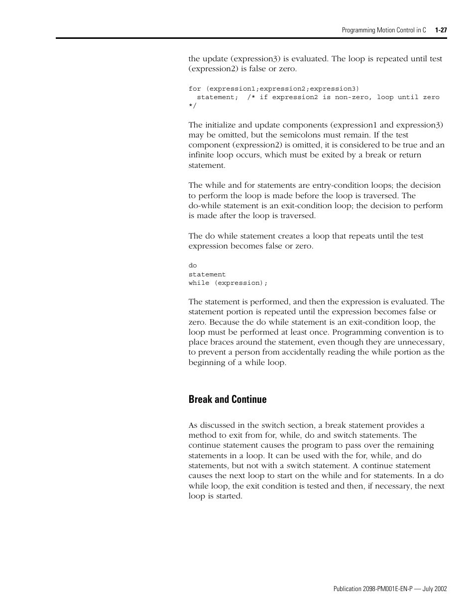 Break and continue, Break and continue -27 | Rockwell Automation 2098-IPD-xxx Ultra5000 C Programming using the Motion Library User Manual | Page 39 / 114