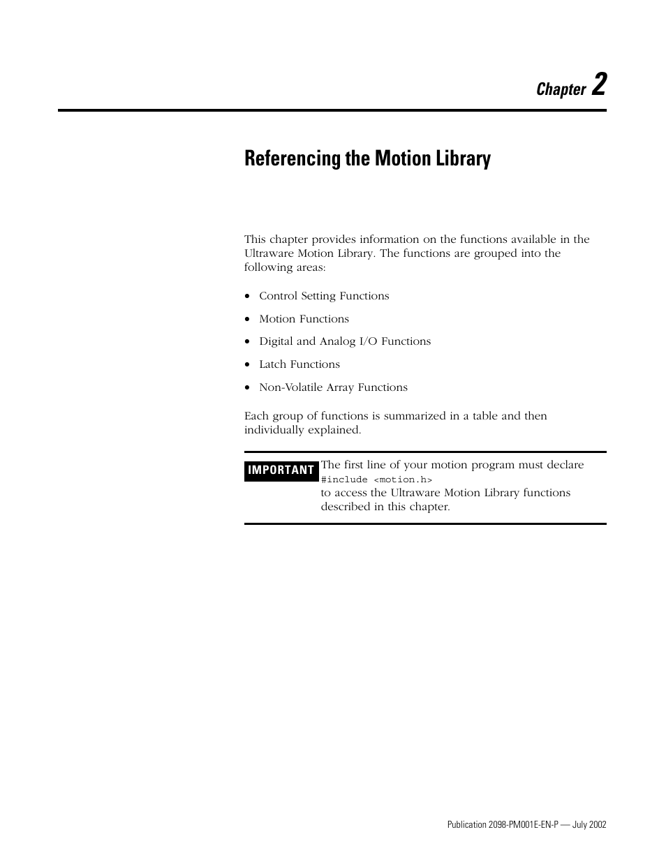 Chapter 2 - referencing the motion library, Chapter 2, Referencing the motion library | Chapter | Rockwell Automation 2098-IPD-xxx Ultra5000 C Programming using the Motion Library User Manual | Page 41 / 114