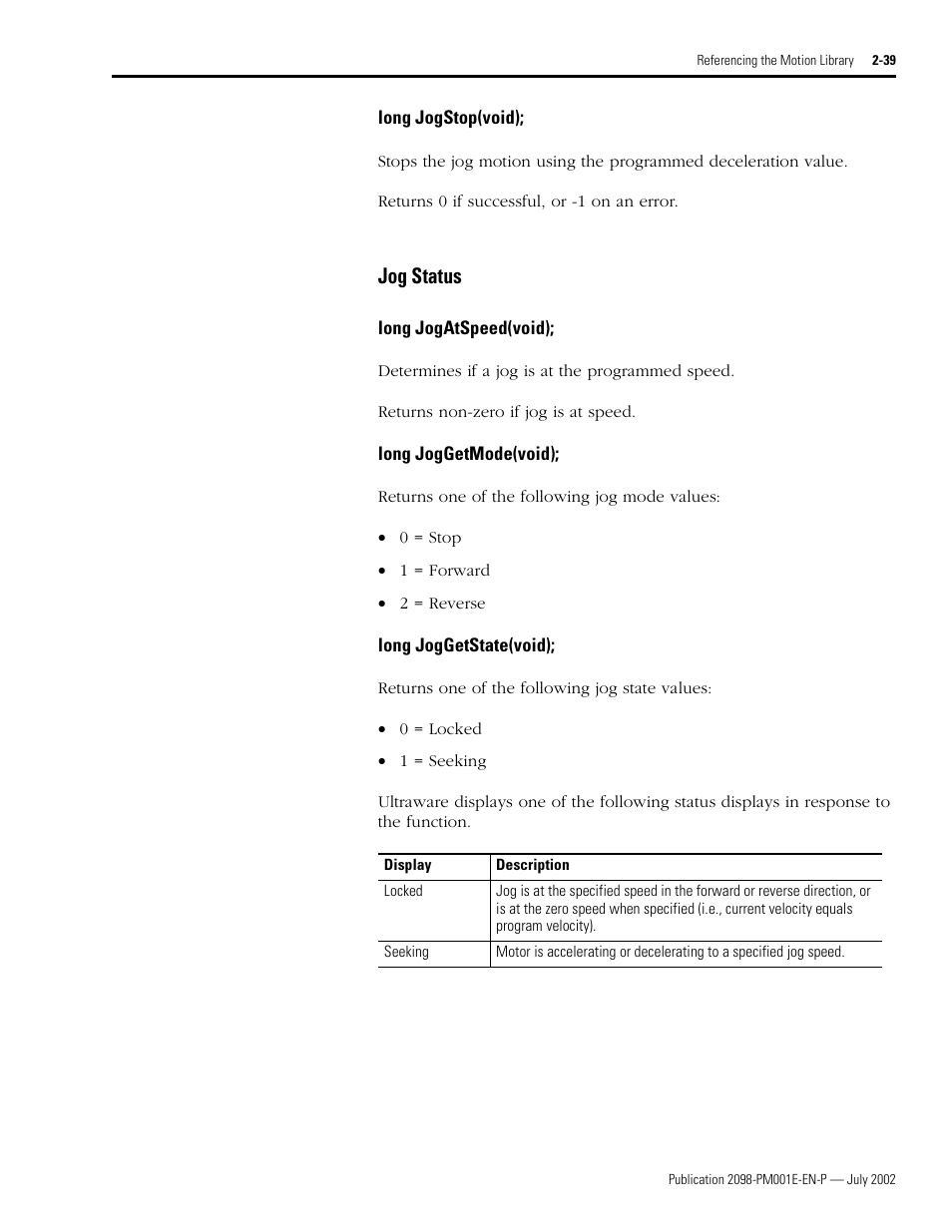 Long jogstop(void), Jog status, Long jogatspeed(void) | Long joggetmode(void), Long joggetstate(void), Long jogstop(void); -39, Jog status -39, Jogstop, Jogatspeed • joggetmode • joggetstate | Rockwell Automation 2098-IPD-xxx Ultra5000 C Programming using the Motion Library User Manual | Page 79 / 114