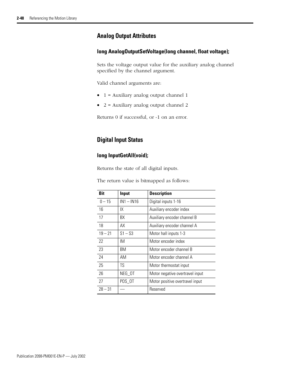 Analog output attributes, Digital input status, Long inputgetall(void) | Analog output attributes -48, Digital input status -48, Long inputgetall(void); -48, Analogoutputsetvoltage, Inputgetall | Rockwell Automation 2098-IPD-xxx Ultra5000 C Programming using the Motion Library User Manual | Page 88 / 114