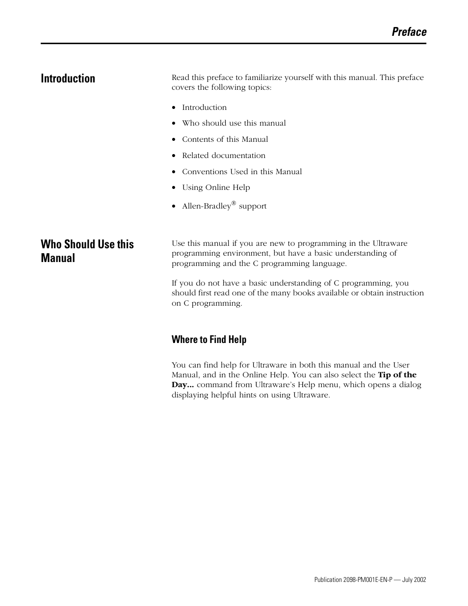 Preface, Introduction, Who should use this manual | Where to find help, Preface introduction | Rockwell Automation 2098-IPD-xxx Ultra5000 C Programming using the Motion Library User Manual | Page 9 / 114
