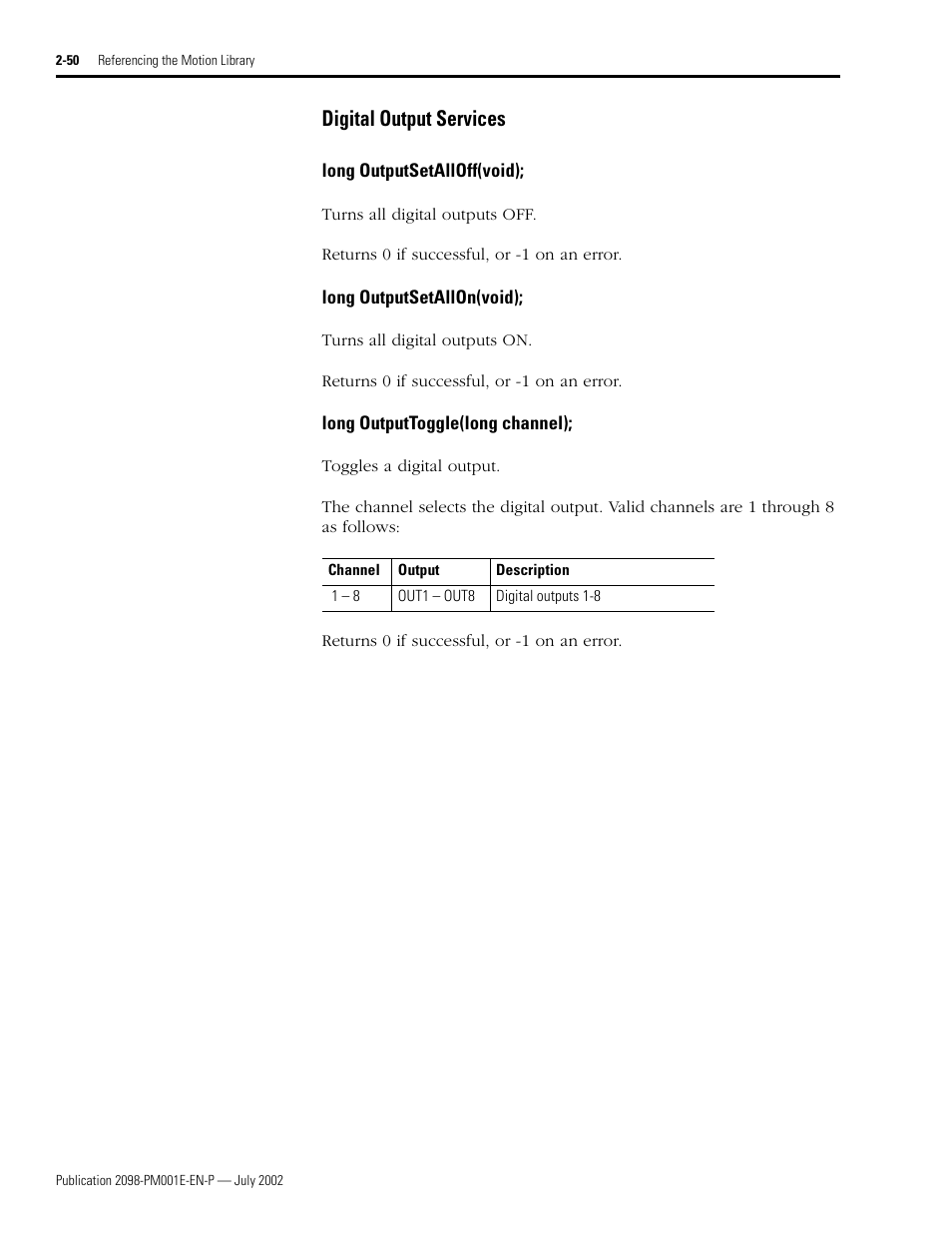 Digital output services, Long outputsetalloff(void), Long outputsetallon(void) | Long outputtoggle(long channel), Digital output services -50, Outputsetalloff • outputsetallon • outputtoggle | Rockwell Automation 2098-IPD-xxx Ultra5000 C Programming using the Motion Library User Manual | Page 90 / 114