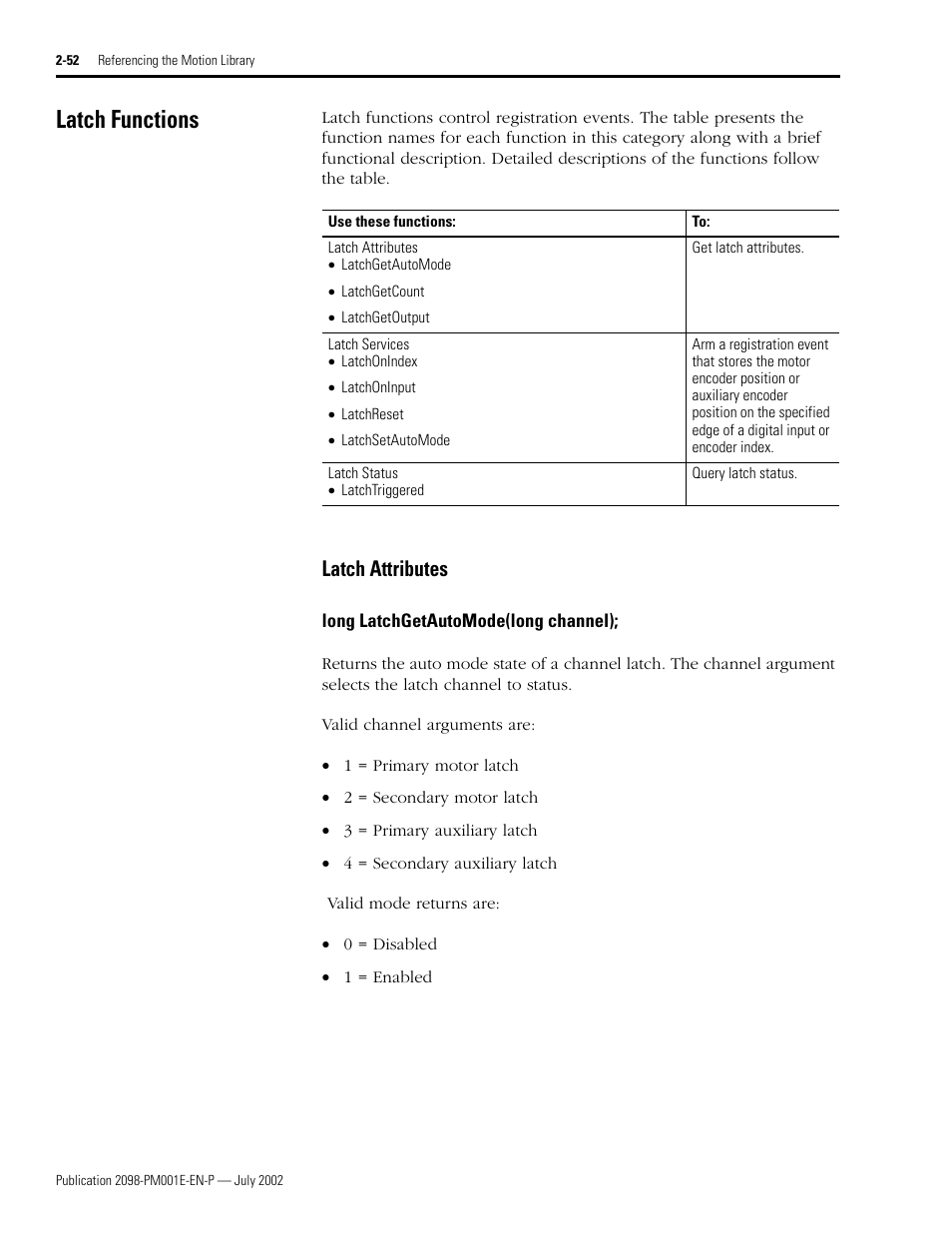 Latch functions, Latch attributes, Long latchgetautomode(long channel) | Latch functions -52, Latch attributes -52, Long latchgetautomode(long channel); -52 | Rockwell Automation 2098-IPD-xxx Ultra5000 C Programming using the Motion Library User Manual | Page 92 / 114