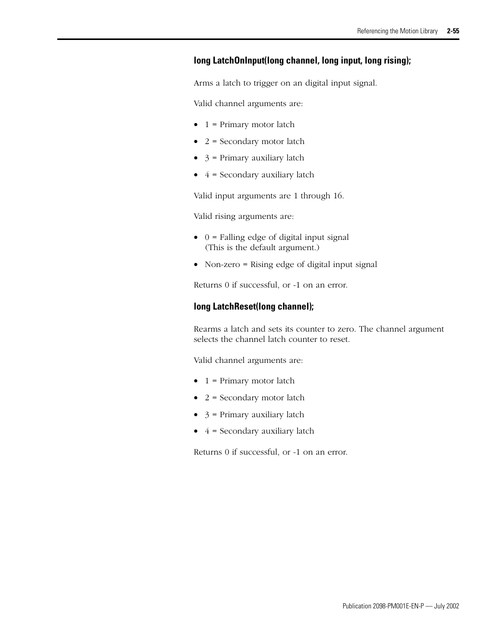 Long latchreset(long channel), Latchoninput • latchreset | Rockwell Automation 2098-IPD-xxx Ultra5000 C Programming using the Motion Library User Manual | Page 95 / 114