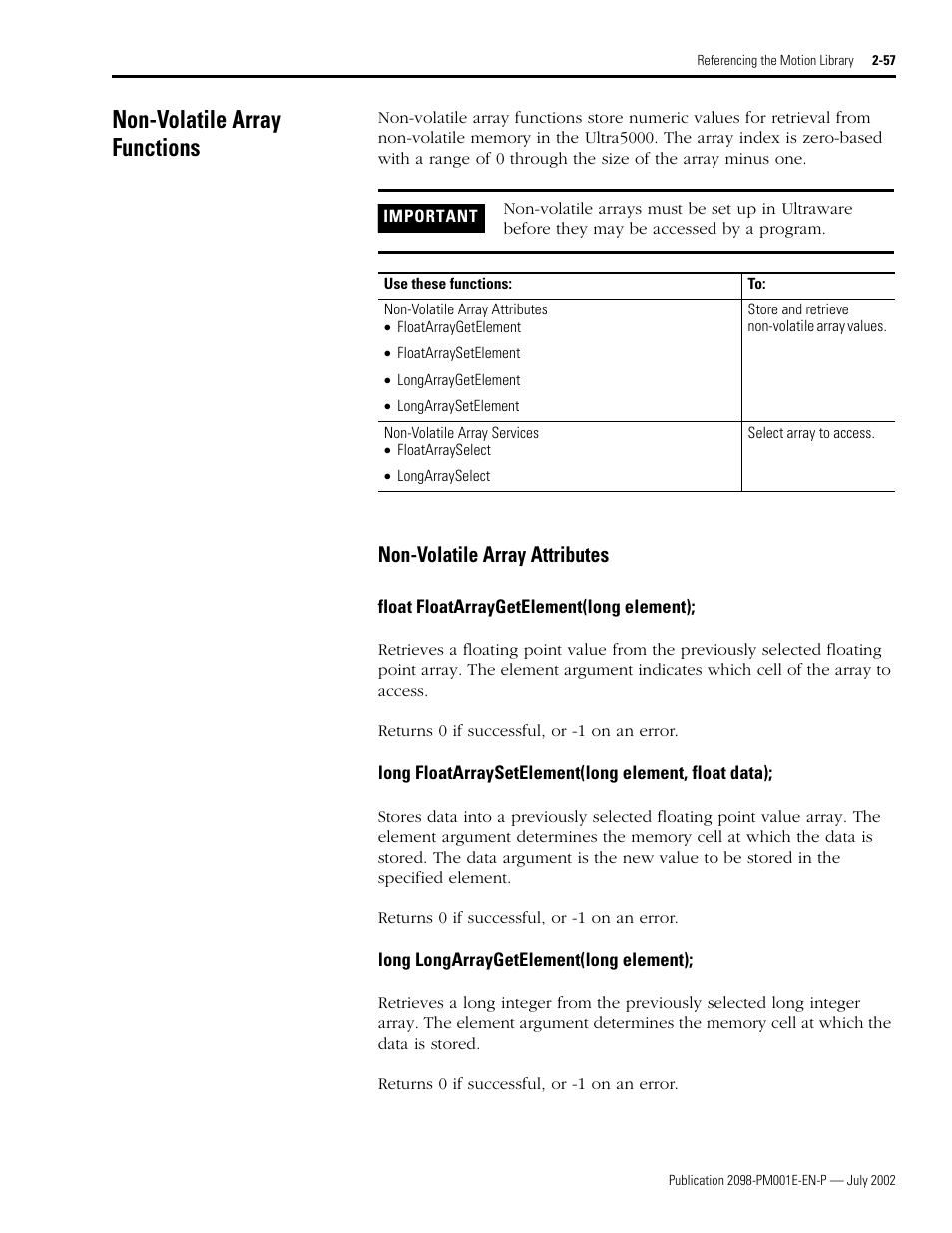 Non-volatile array functions, Non-volatile array attributes, Float floatarraygetelement(long element) | Long longarraygetelement(long element), Non-volatile array functions -57, Non-volatile array attributes -57 | Rockwell Automation 2098-IPD-xxx Ultra5000 C Programming using the Motion Library User Manual | Page 97 / 114