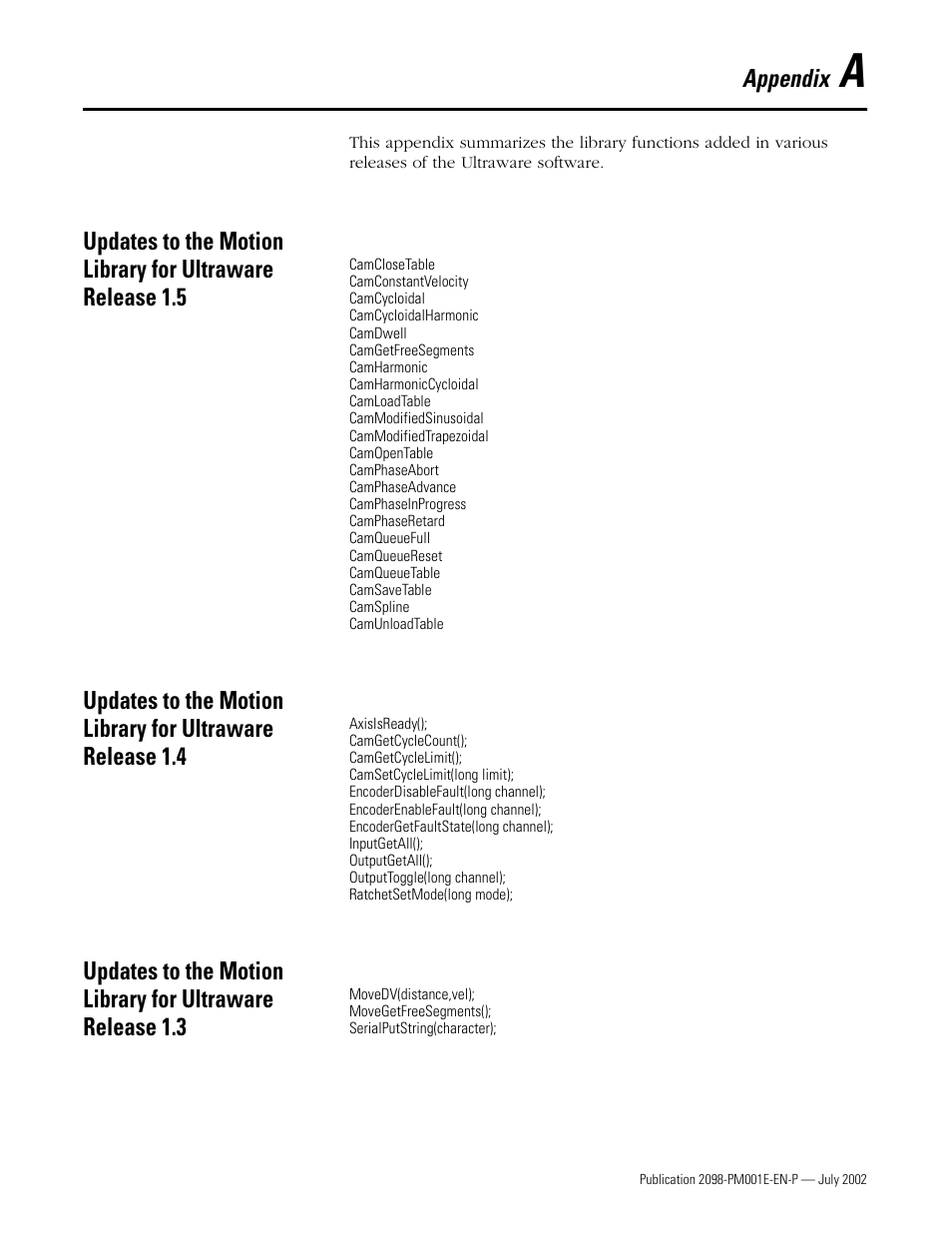 Appendix a - updates to the motion library, Ultraware release 1.5, New library functions | Ultraware release 1.4, Ultraware release 1.3, Appendix a, Appendix | Rockwell Automation 2098-IPD-xxx Ultra5000 C Programming using the Motion Library User Manual | Page 99 / 114