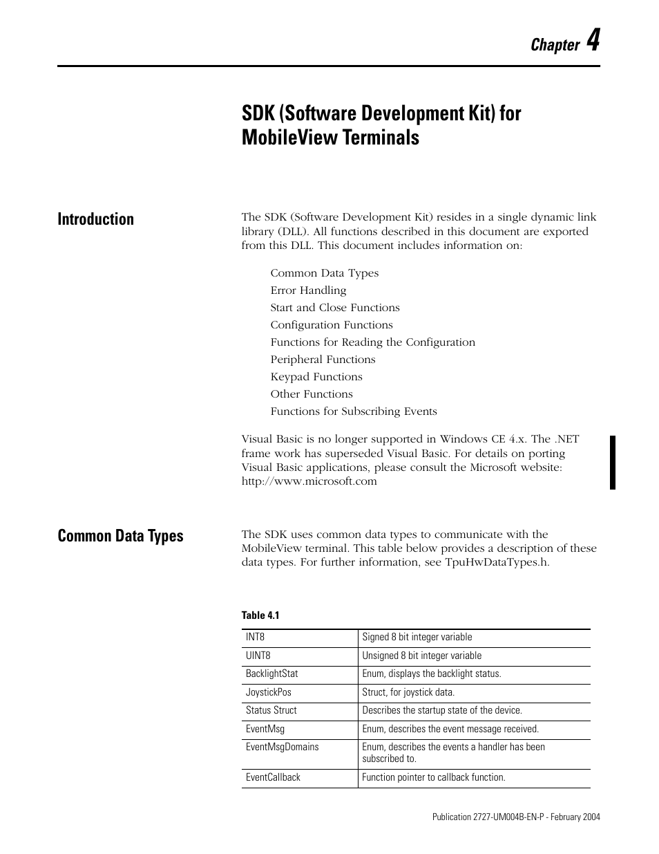 Chapter 4, Introduction, Common data types | Introduction -1 common data types -1, Chapter | Rockwell Automation 2727-MRSDK MobileView Terminals Software Development Kit User Manual User Manual | Page 25 / 50