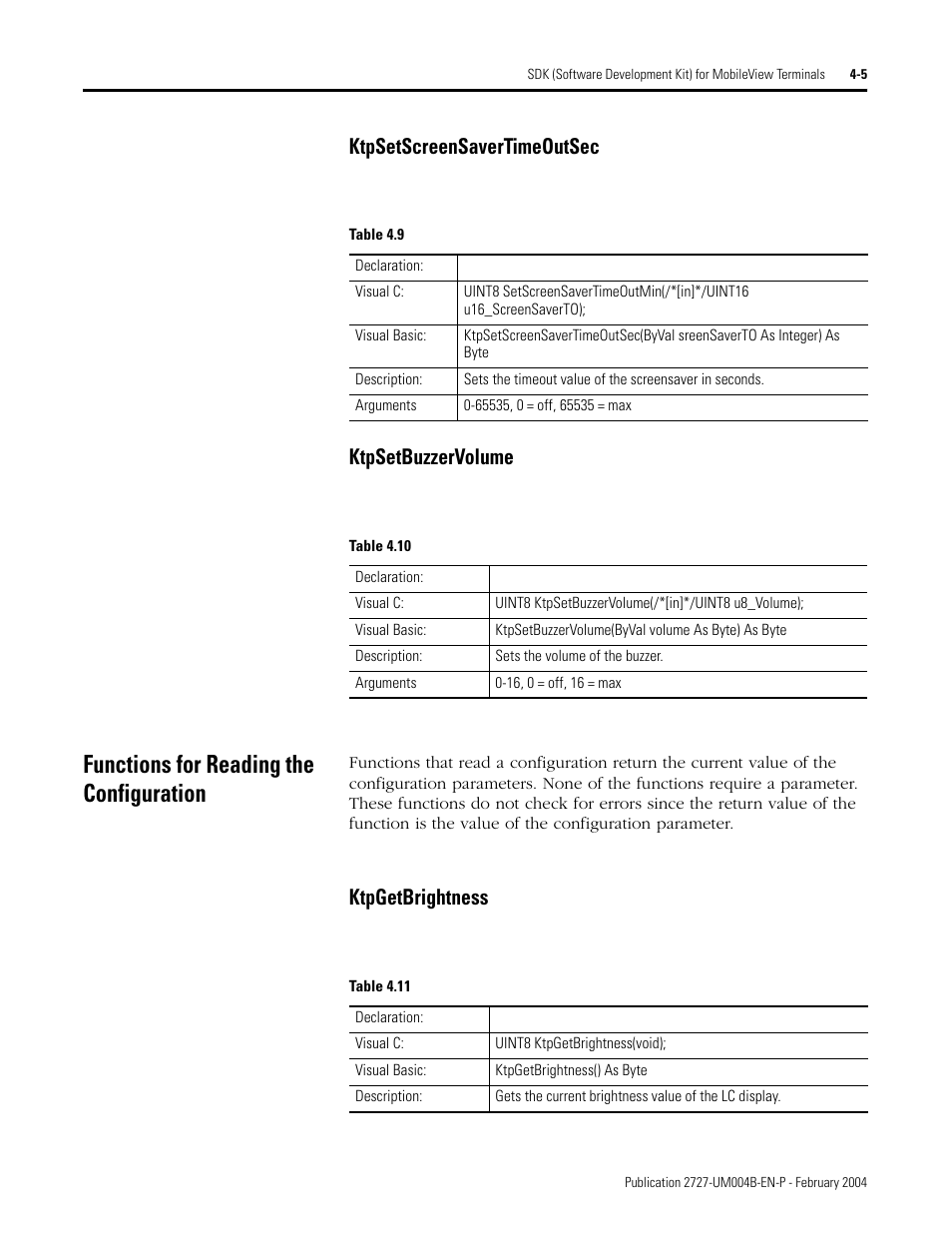 Functions for reading the configuration, Functions for reading the configuration -5, Ktpsetscreensavertimeoutsec ktpsetbuzzervolume | Ktpgetbrightness | Rockwell Automation 2727-MRSDK MobileView Terminals Software Development Kit User Manual User Manual | Page 29 / 50