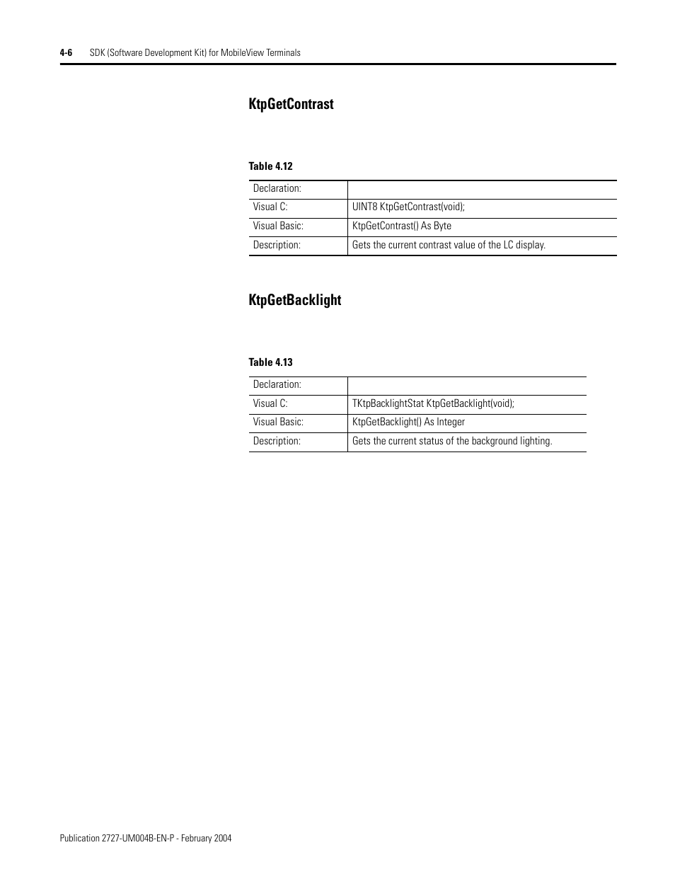 Ktpgetcontrast ktpgetbacklight | Rockwell Automation 2727-MRSDK MobileView Terminals Software Development Kit User Manual User Manual | Page 30 / 50