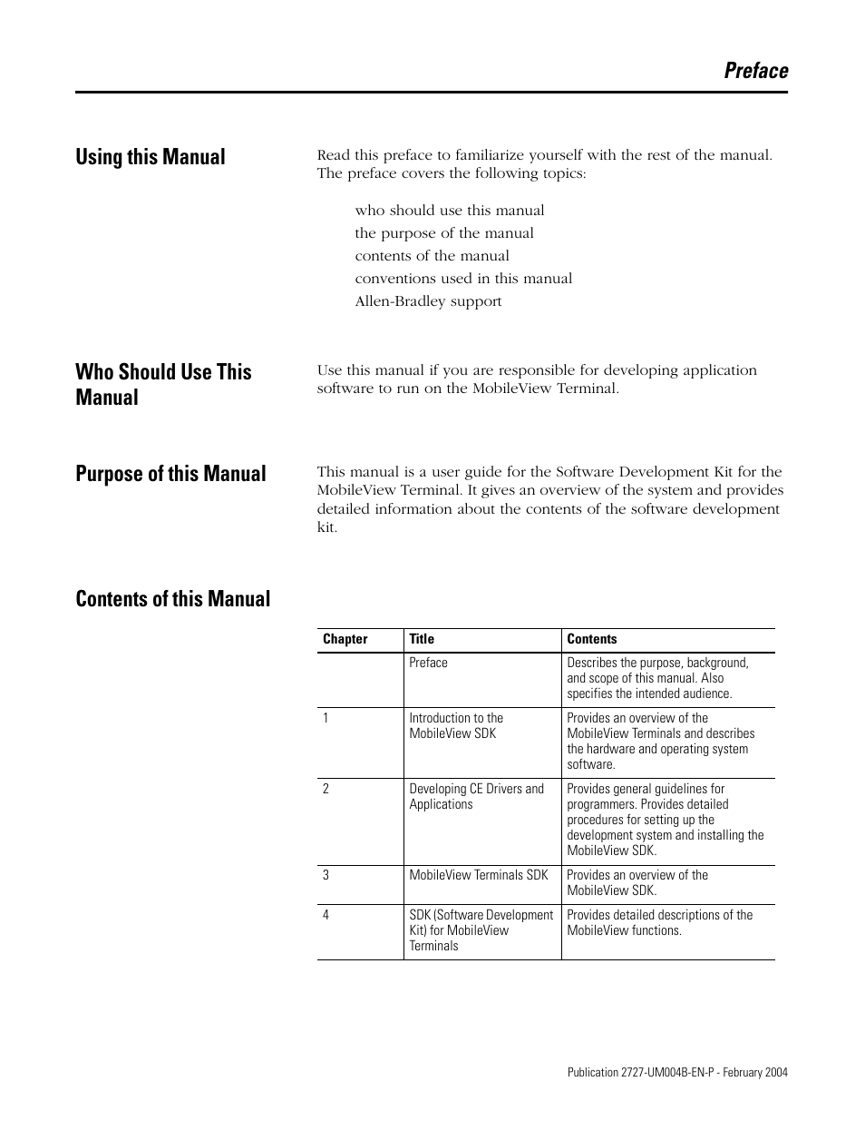 Preface, Using this manual, Who should use this manual | Purpose of this manual, Contents of this manual, Preface using this manual | Rockwell Automation 2727-MRSDK MobileView Terminals Software Development Kit User Manual User Manual | Page 5 / 50