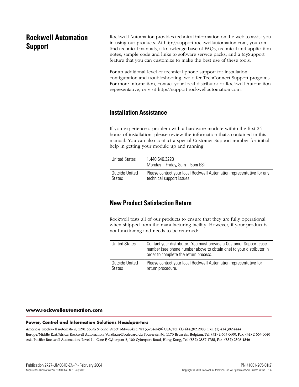 Back cover, Rockwell automation support, Installation assistance | New product satisfaction return | Rockwell Automation 2727-MRSDK MobileView Terminals Software Development Kit User Manual User Manual | Page 50 / 50