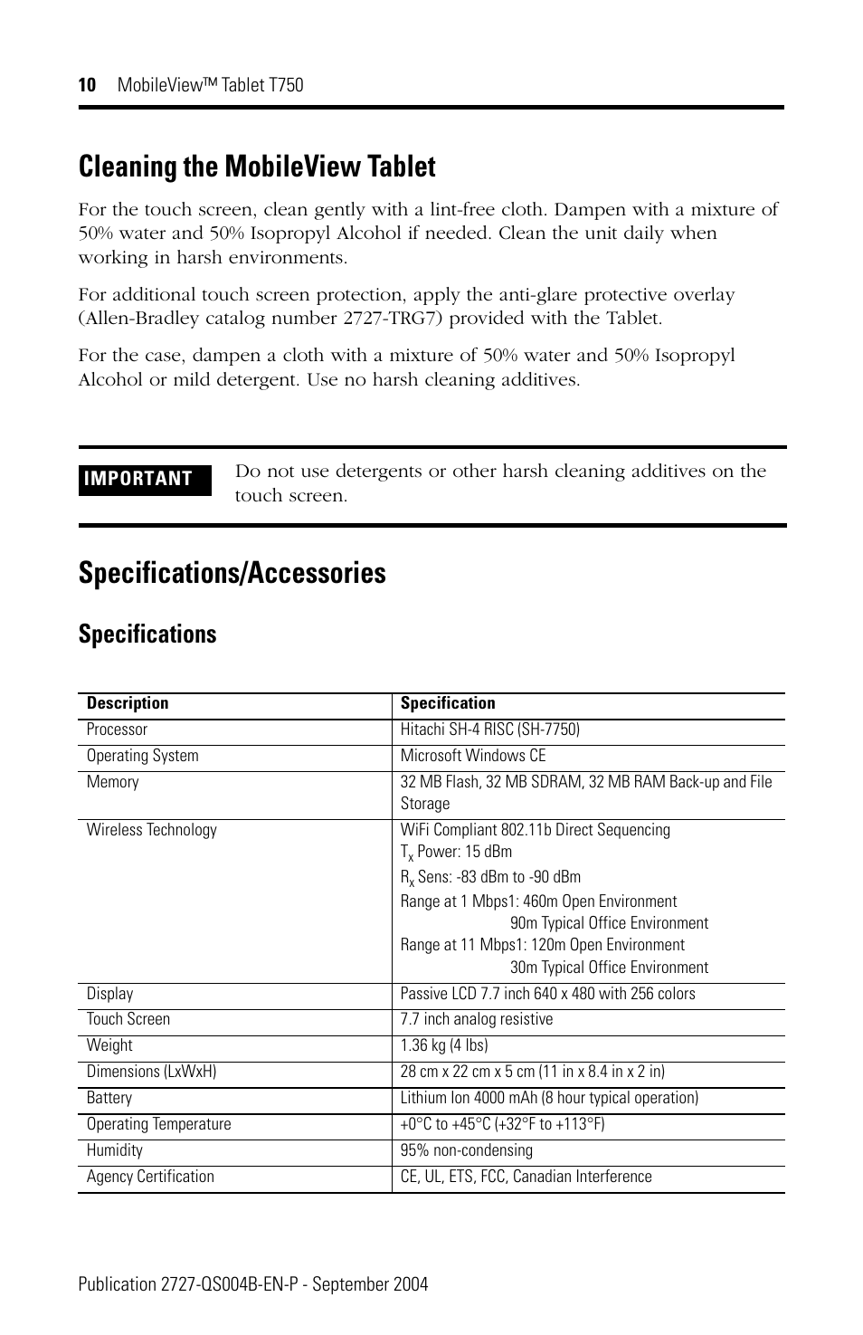 Cleaning the mobileview tablet, Specifications/accessories, Specifications | Rockwell Automation 2727-T7P30D1Fxx MobileView Tablet T750 Quick Start User Manual | Page 10 / 12