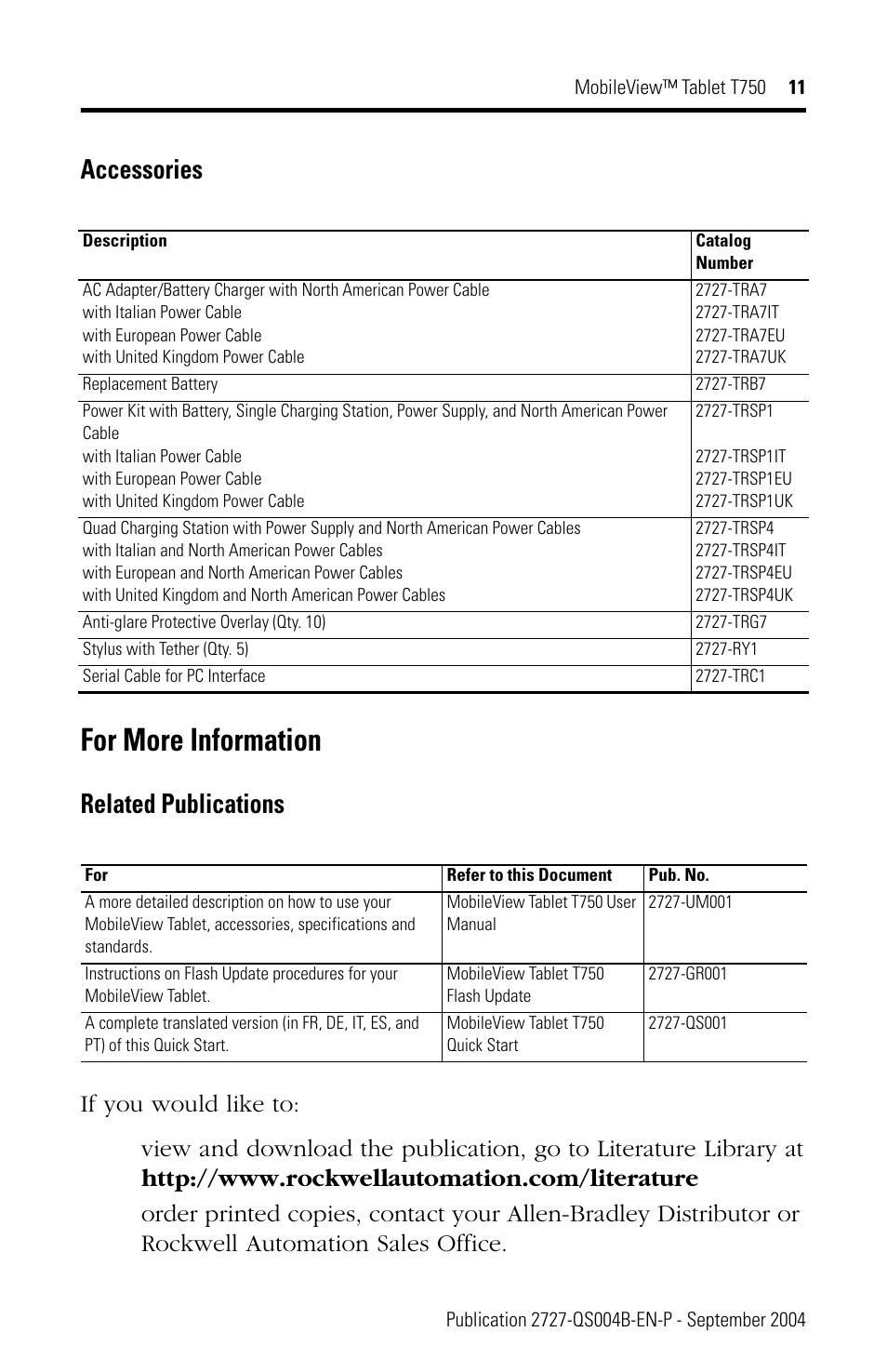 For more information, Accessories, Related publications | Rockwell Automation 2727-T7P30D1Fxx MobileView Tablet T750 Quick Start User Manual | Page 11 / 12