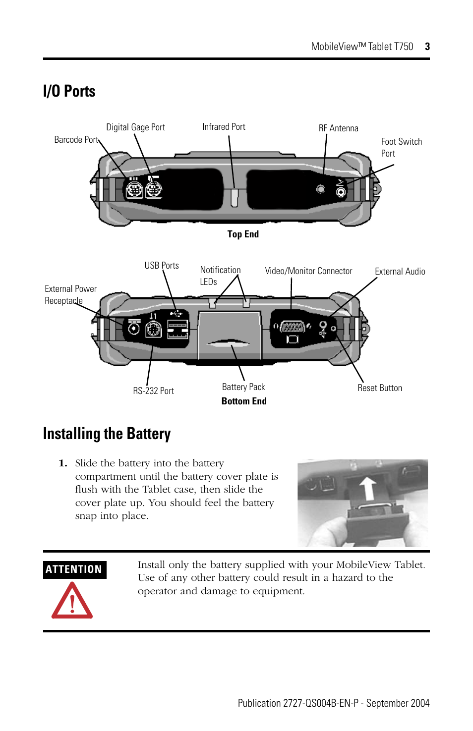 I/o ports, Installing the battery, I/o ports installing the battery | Rockwell Automation 2727-T7P30D1Fxx MobileView Tablet T750 Quick Start User Manual | Page 3 / 12
