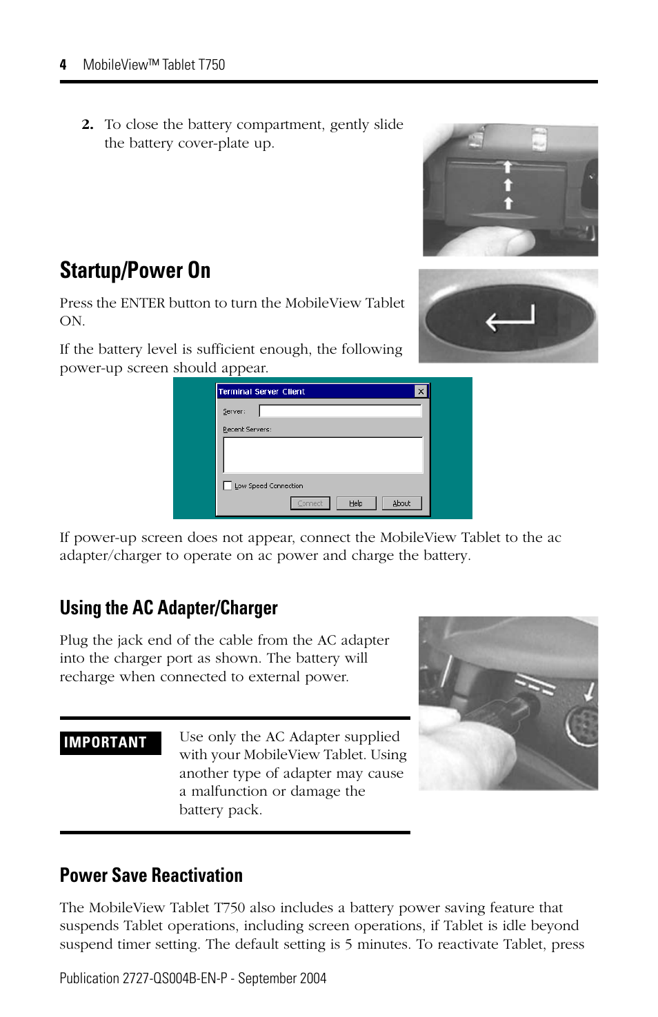 Startup/power on, Using the ac adapter/charger, Power save reactivation | Rockwell Automation 2727-T7P30D1Fxx MobileView Tablet T750 Quick Start User Manual | Page 4 / 12