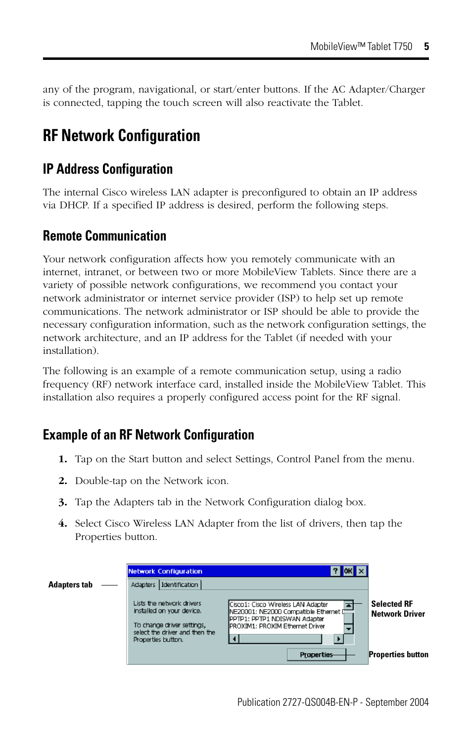 Rf network configuration, Ip address configuration, Remote communication | Example of an rf network configuration | Rockwell Automation 2727-T7P30D1Fxx MobileView Tablet T750 Quick Start User Manual | Page 5 / 12