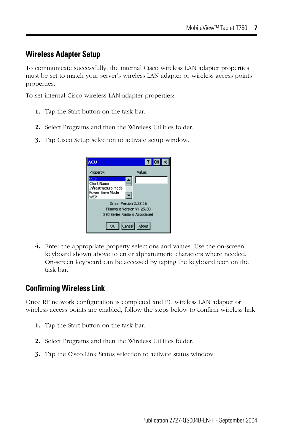 Wireless adapter setup, Confirming wireless link | Rockwell Automation 2727-T7P30D1Fxx MobileView Tablet T750 Quick Start User Manual | Page 7 / 12