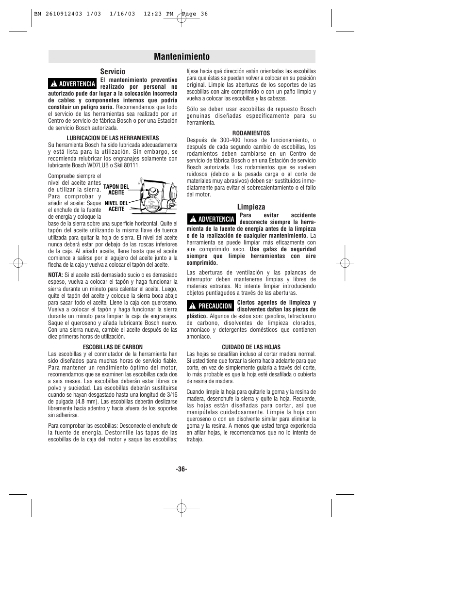 Mantenimiento | Bosch 1678 User Manual | Page 36 / 40