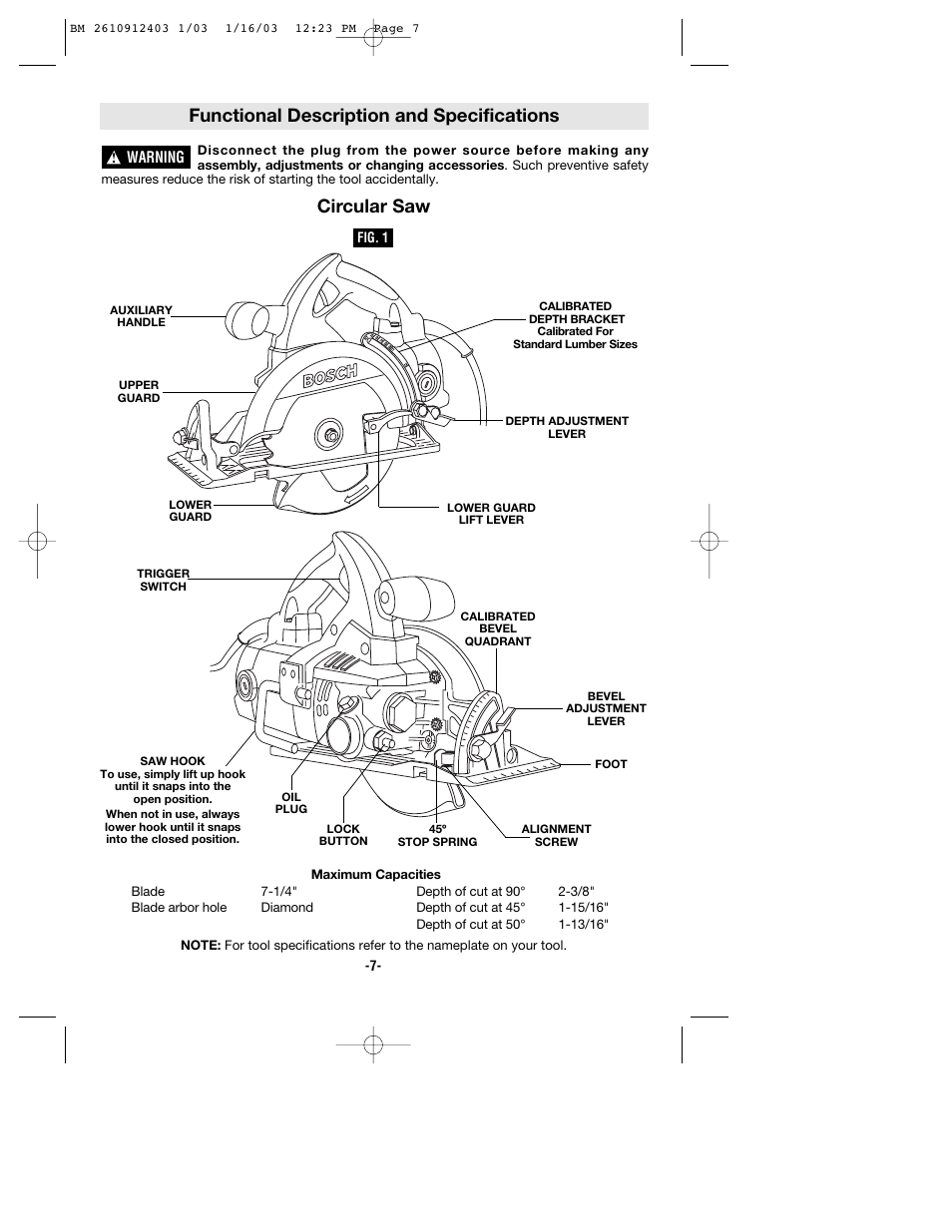 Functional description and specifications, Circular saw | Bosch 1678 User Manual | Page 7 / 40