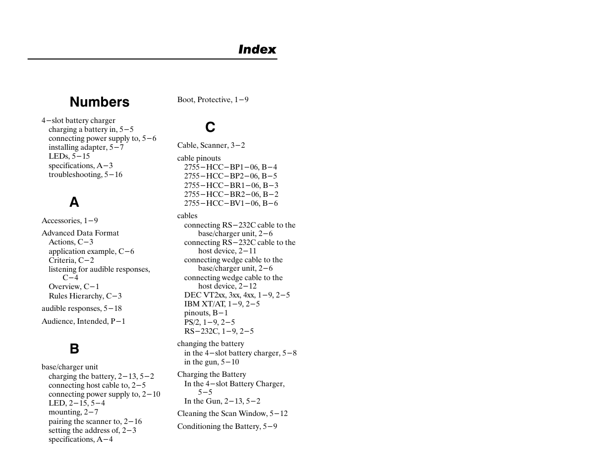 Index, Numbers | Rockwell Automation 2755 Cordless Hand-Held Scanner User Manual | Page 103 / 107