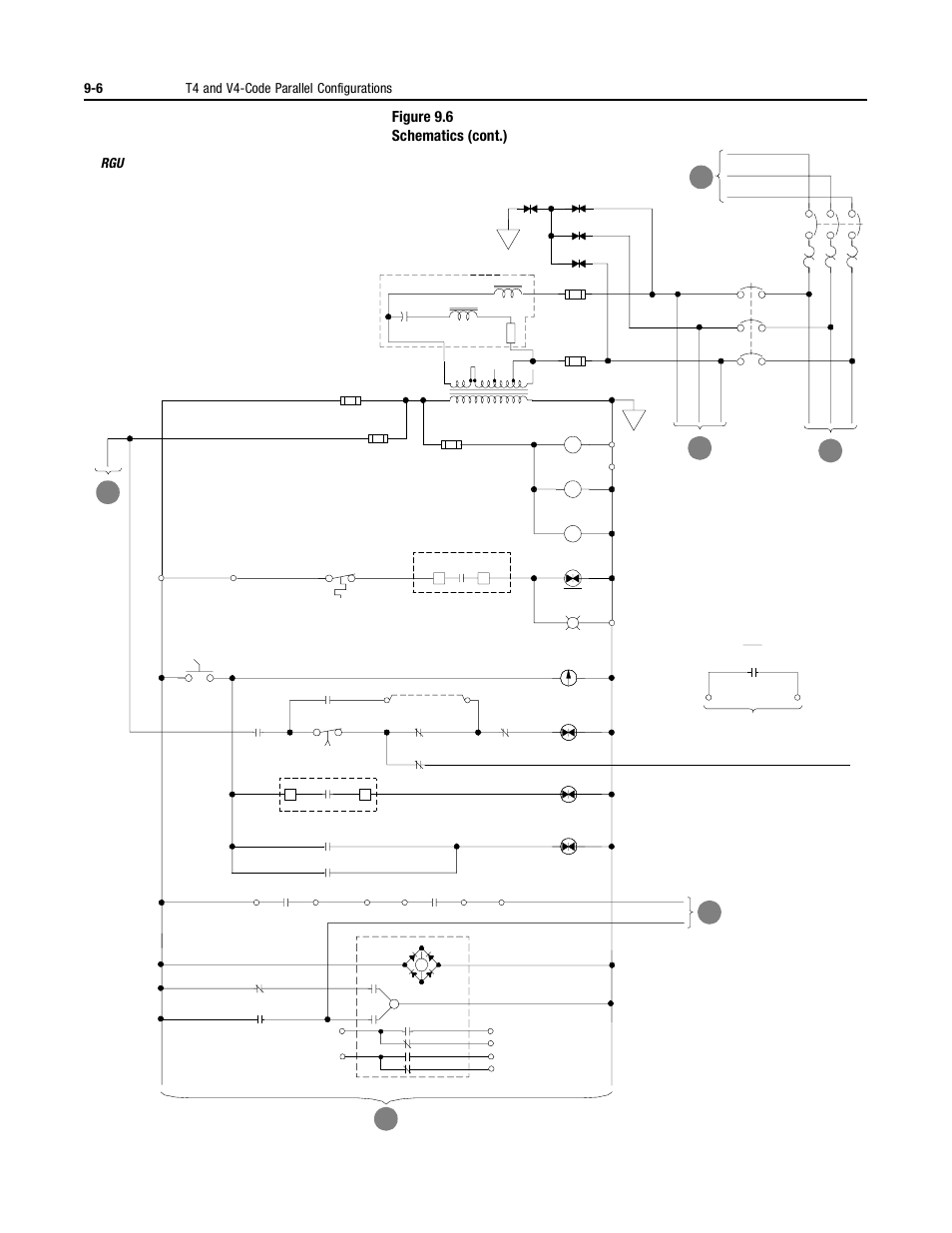 Figure 9.6 schematics (cont.), 6 t4 and v4-code parallel configurations, Ac d e | Rockwell Automation 2364P Parallel DC Bus Supply Config. User Manual | Page 100 / 217