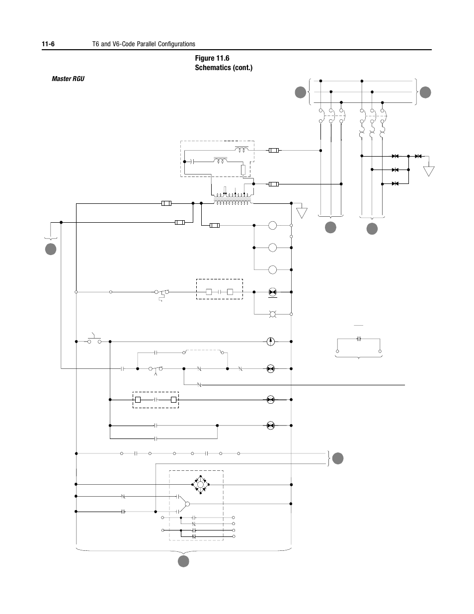 Figure 11.6 schematics (cont.), 6 t6 and v6-code parallel configurations, Master rgu | Rockwell Automation 2364P Parallel DC Bus Supply Config. User Manual | Page 124 / 217