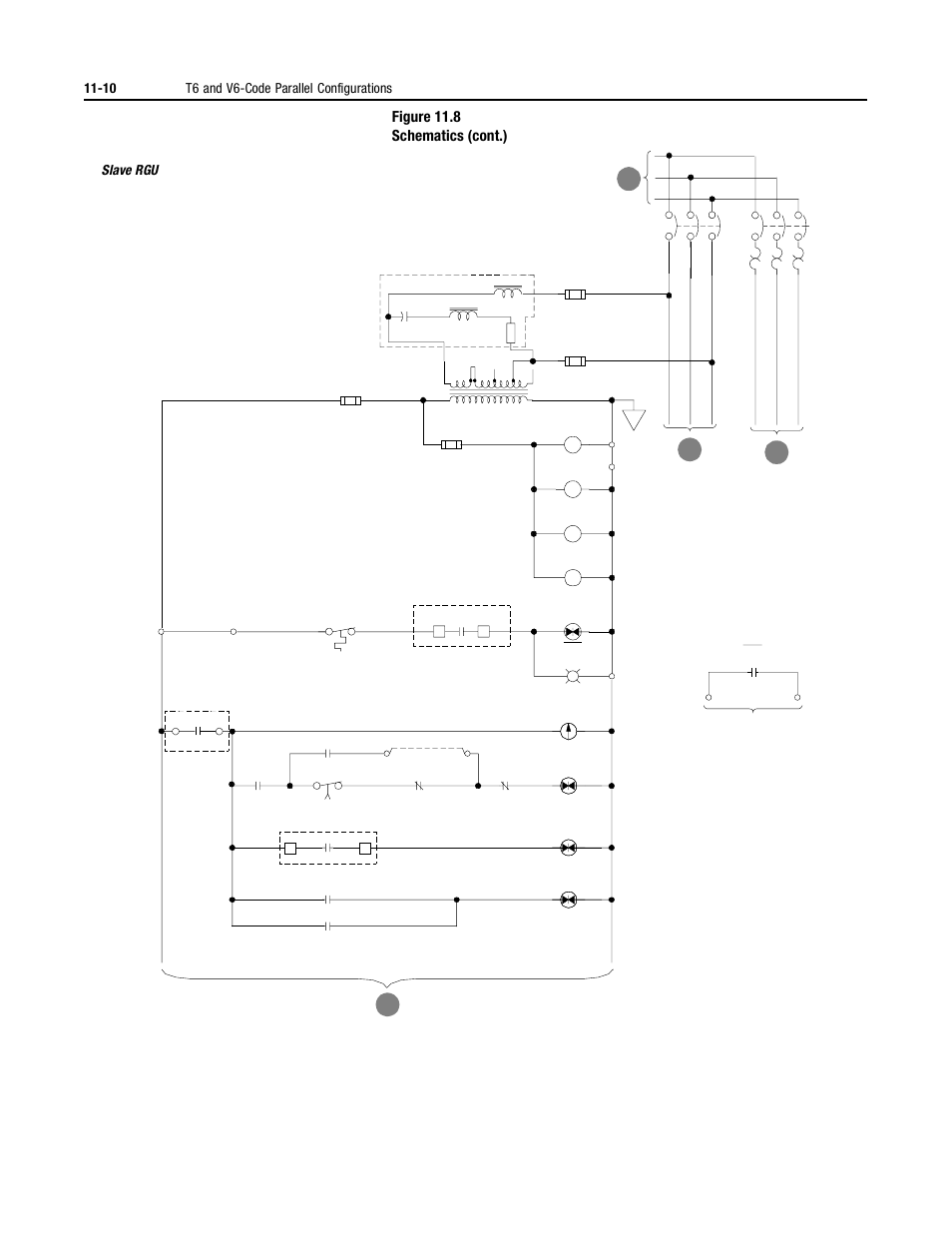 Figure 11.8 schematics (cont.), 10 t6 and v6-code parallel configurations, Slave rgu | Rockwell Automation 2364P Parallel DC Bus Supply Config. User Manual | Page 128 / 217