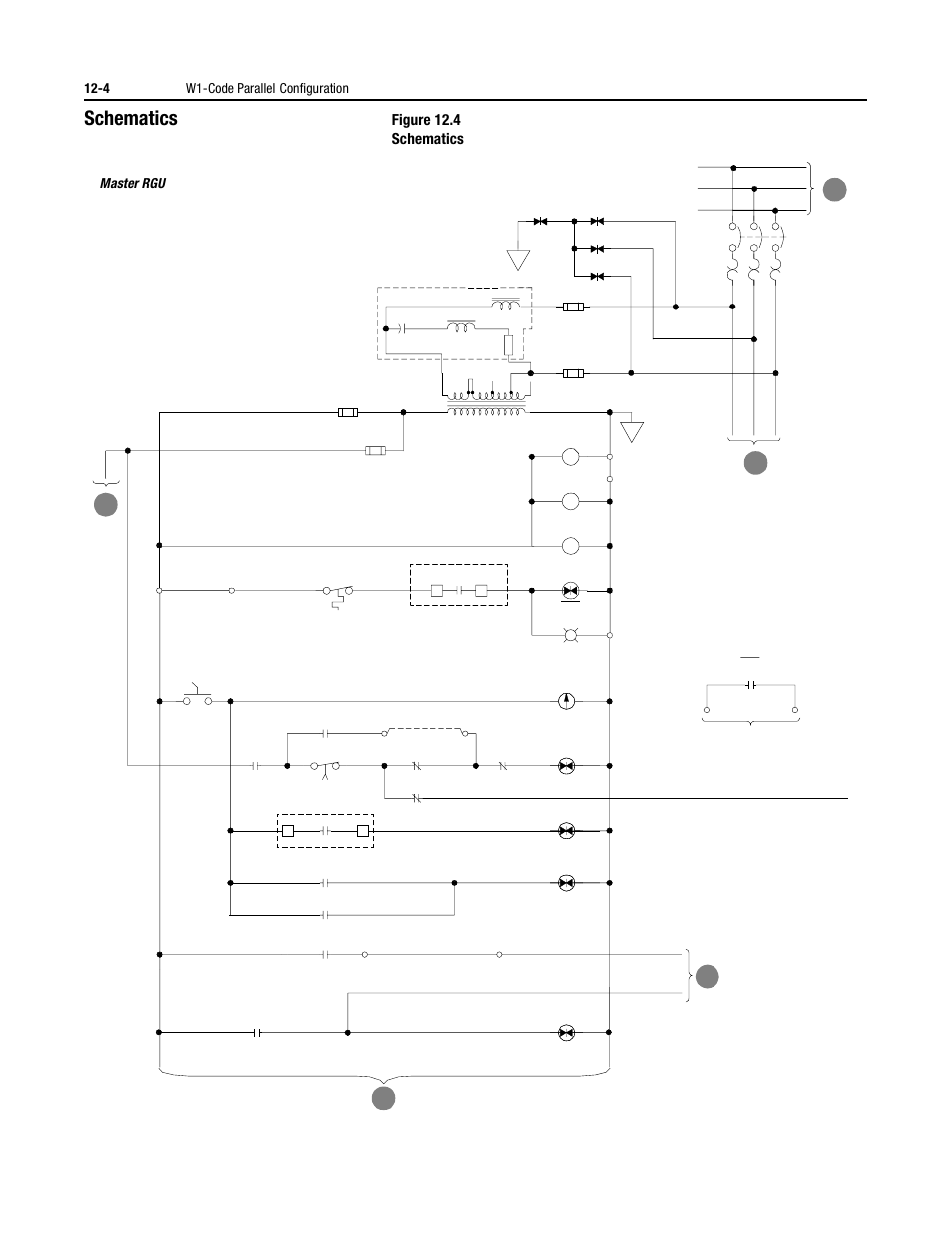 Schematics, Figure 12.4 schematics, 4 w1-code parallel configuration | Ab c, Master rgu | Rockwell Automation 2364P Parallel DC Bus Supply Config. User Manual | Page 136 / 217