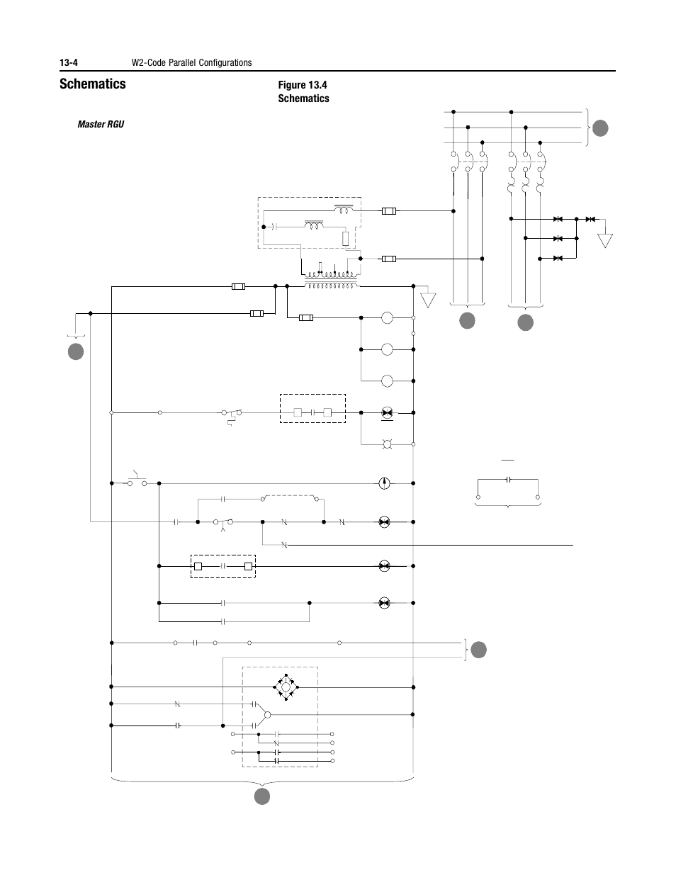 Schematics, Figure 13.4 schematics, 4 w2-code parallel configurations | Master rgu | Rockwell Automation 2364P Parallel DC Bus Supply Config. User Manual | Page 148 / 217