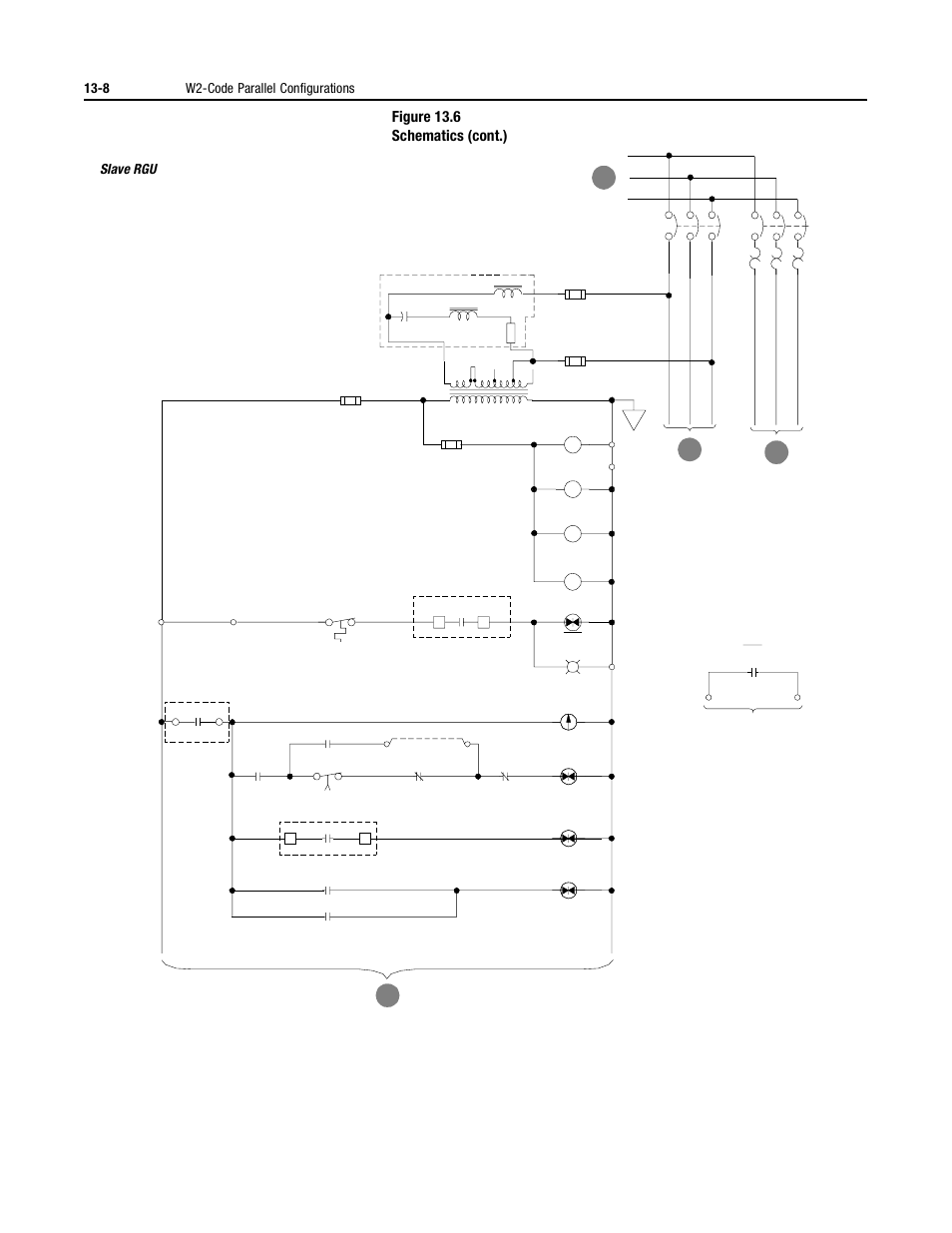 Figure 13.6 schematics (cont.), 8 w2-code parallel configurations, Slave rgu | Rockwell Automation 2364P Parallel DC Bus Supply Config. User Manual | Page 152 / 217