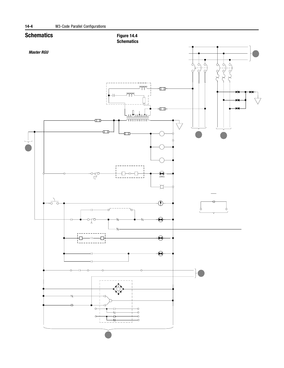 Schematics, Figure 14.4 schematics, 4 w3-code parallel configurations | Cd e, Master rgu | Rockwell Automation 2364P Parallel DC Bus Supply Config. User Manual | Page 160 / 217