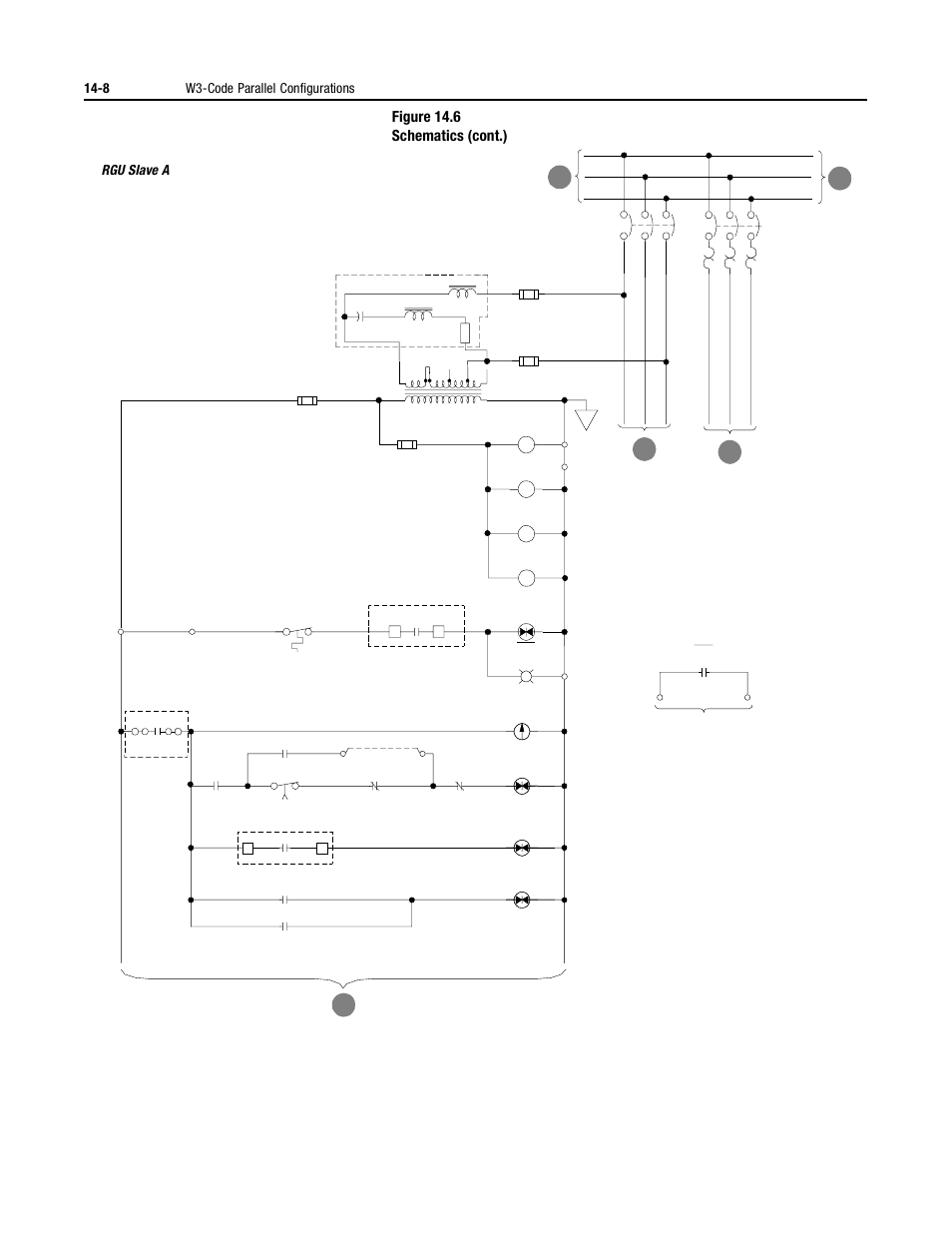 Figure 14.6 schematics (cont.), 8 w3-code parallel configurations, Rgu slave a | Rockwell Automation 2364P Parallel DC Bus Supply Config. User Manual | Page 164 / 217