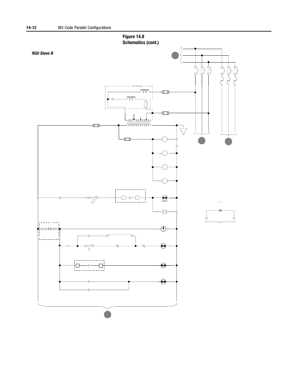 Figure 14.8 schematics (cont.), 12 w3-code parallel configurations, Rgu slave b | Rockwell Automation 2364P Parallel DC Bus Supply Config. User Manual | Page 168 / 217